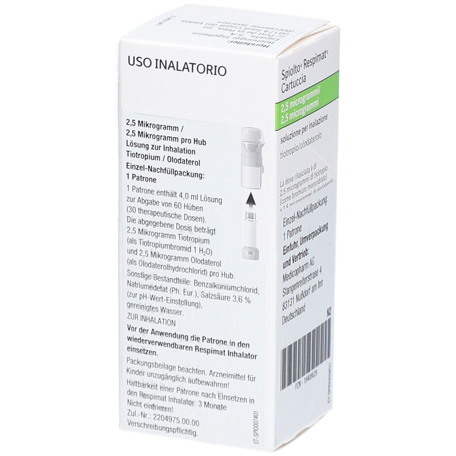 Rückseite der SPIOLTO Respimat Cartuccia Schachtel. Text über Dosierung und Anwendung. Einzel-Nachfüllpackung. Herstellerinformationen.