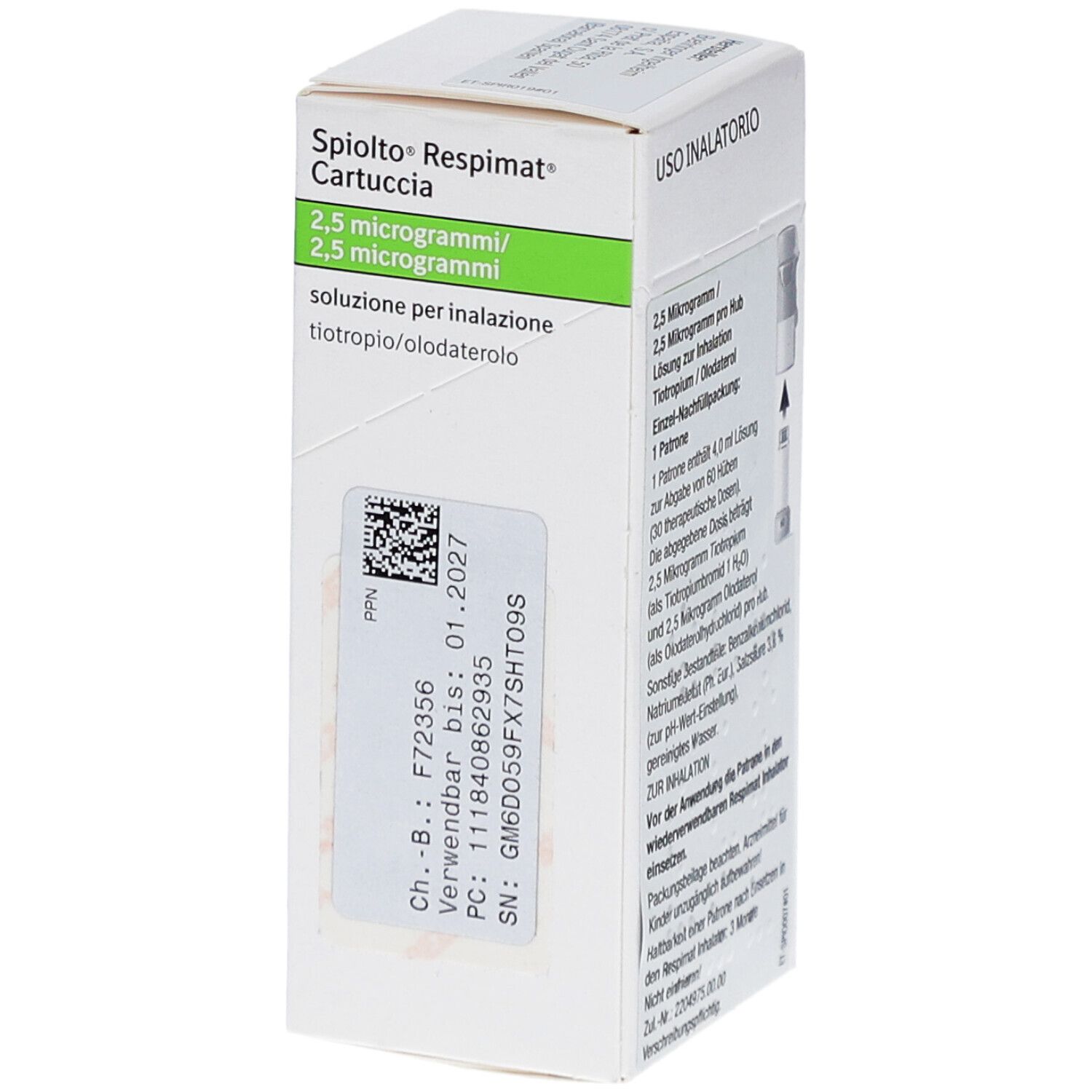 Rückseite der SPIOLTO Respimat Cartuccia Schachtel. Text, Chargennummer, Verfallsdatum. Einzel-Nachfüllpackung. Barcode.