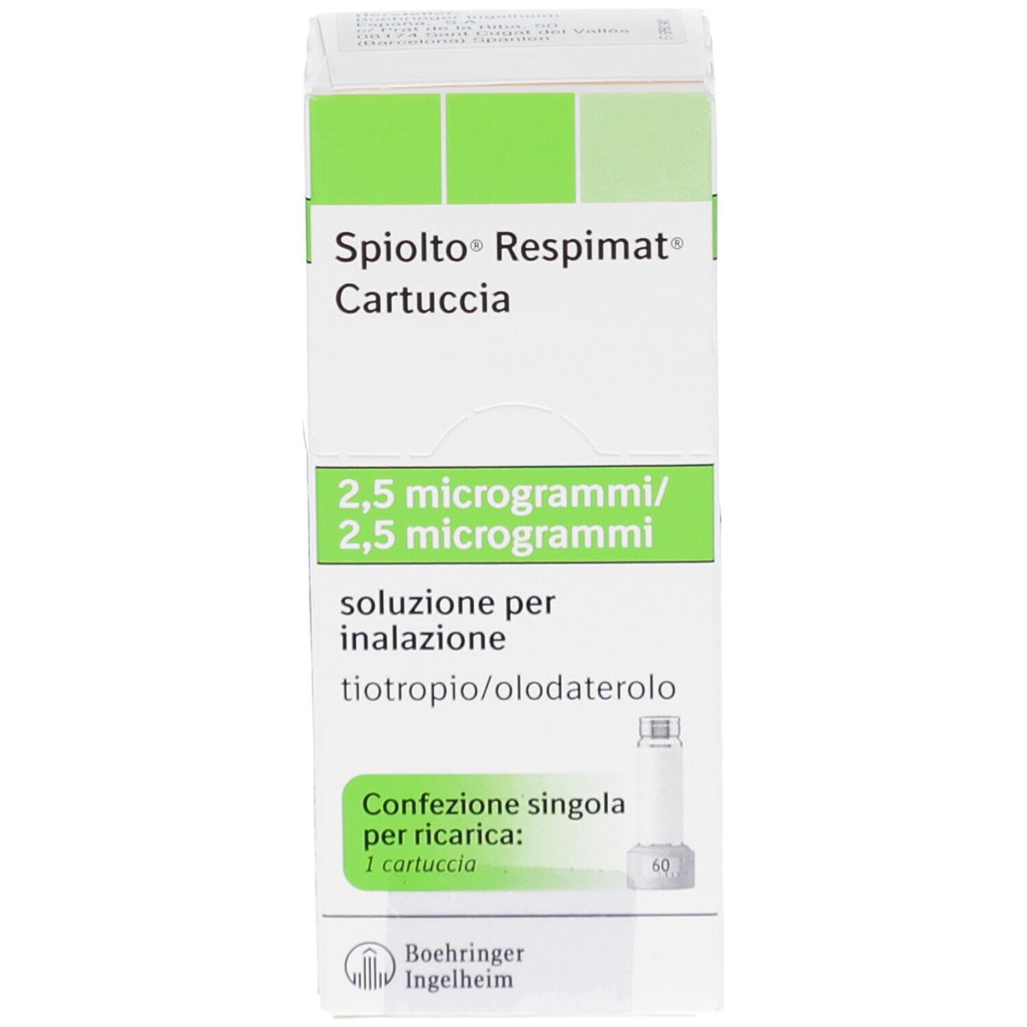 SPIOLTO Respimat Cartuccia Schachtel. 2,5 Mikrogramm/2,5 Mikrogramm. Einzel-Nachfüllpackung. Boehringer Ingelheim Logo. Weiß-grüne Farbgebung.
