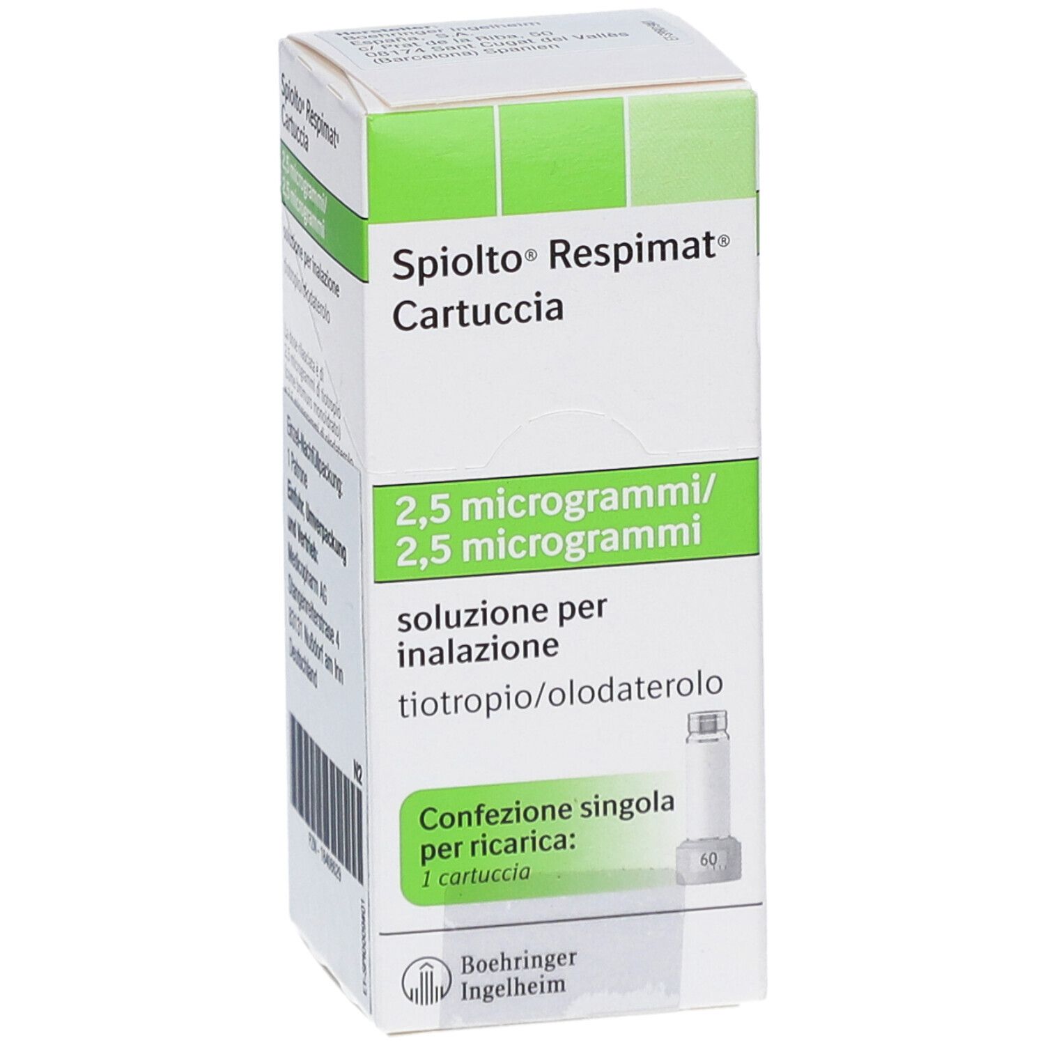 SPIOLTO Respimat Cartuccia Schachtel. 2,5 Mikrogramm/2,5 Mikrogramm. Einzel-Nachfüllpackung. Boehringer Ingelheim Logo. Weiß-grüne Farbgebung.