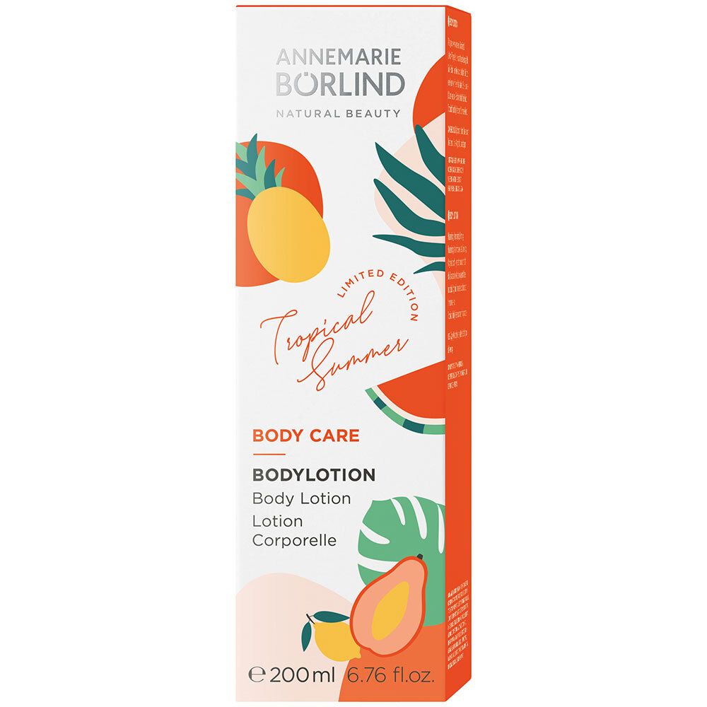 Schachtel mit tropischen Früchten, "ANNEMARIE BÖRLIND"-Logo, "BODY CARE BODYLOTION" und "Tropical Summer". 200 ml.