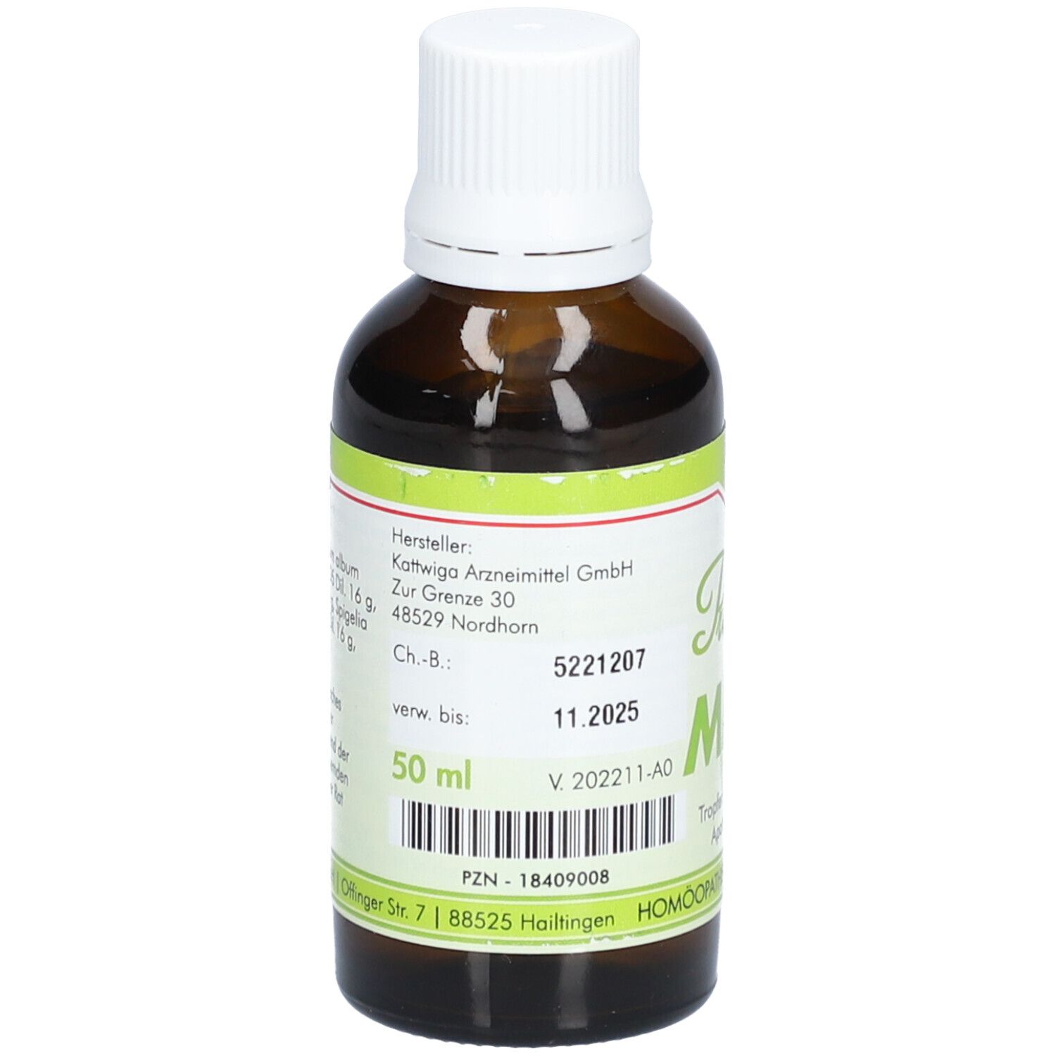 Braune Glasflasche mit weißem Deckel. Etikett mit Informationen, u.a. 50 ml, Verfallsdatum 11.2025, und Barcode.