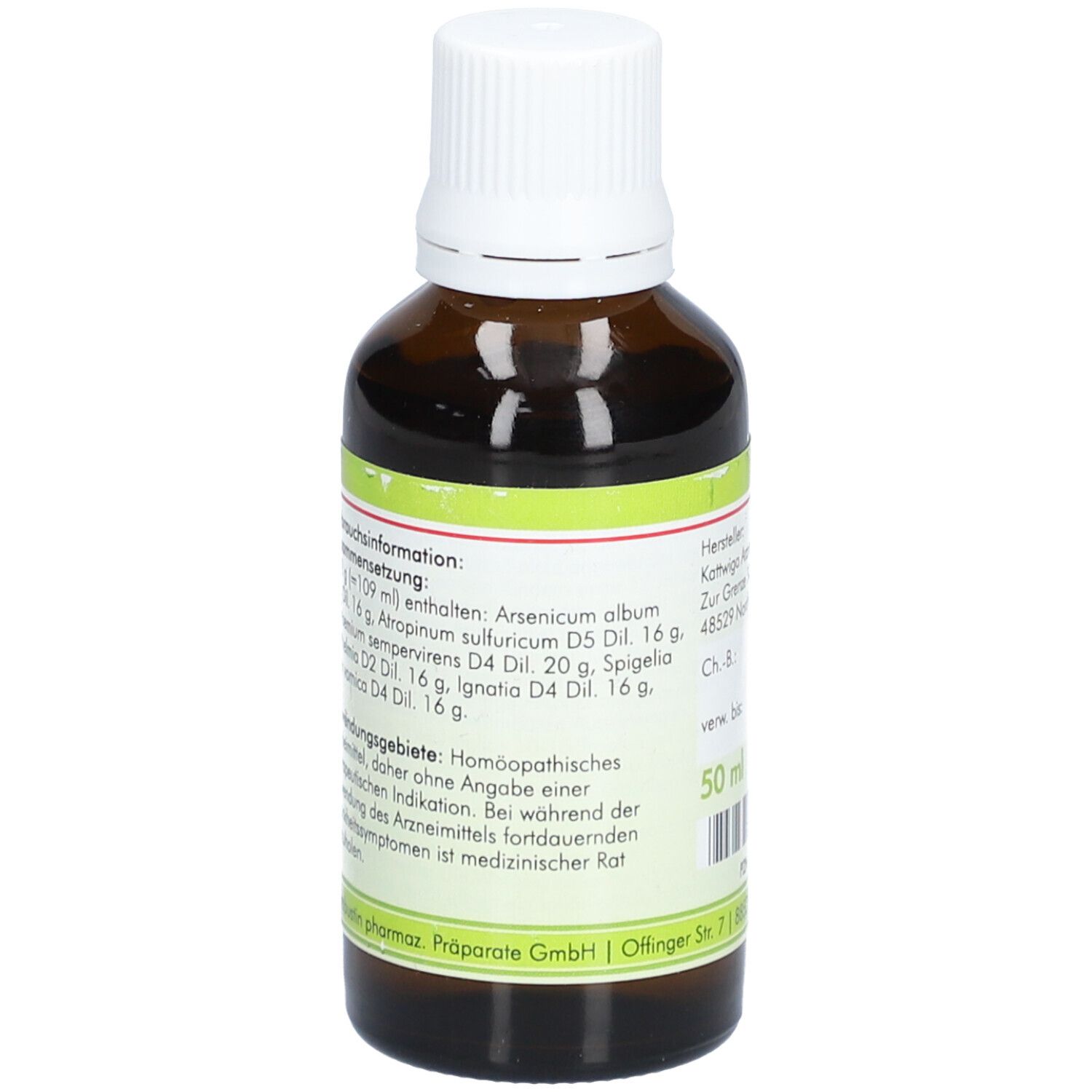 Braune Glasflasche mit weißem Deckel. Etikett mit Inhaltsstoffangaben und weiteren Informationen. Homöopathisches Arzneimittel.