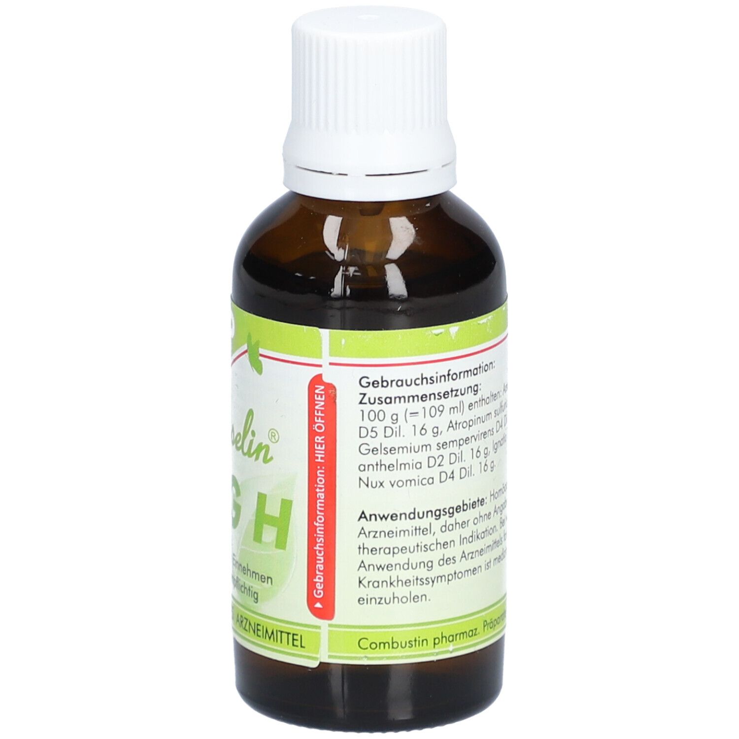 Braune Glasflasche mit weißem Deckel. Etikett mit Inhaltsstoffangaben und weiteren Informationen. Homöopathisches Arzneimittel.
