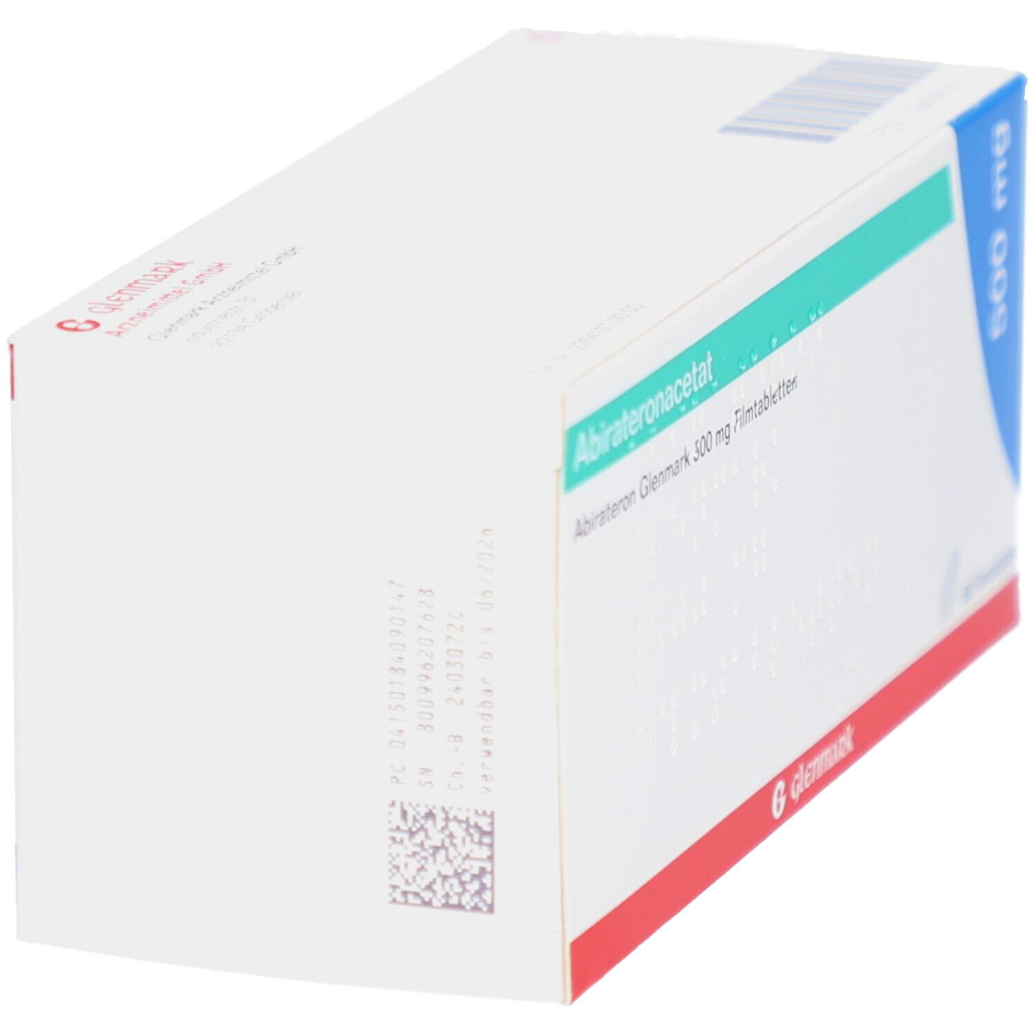 Weiße Faltschachtel, schräg von oben. Aufschrift: Abirateronacetat, Abirateron Glenmark 500 mg Filmtabletten. QR-Code und Chargennummer.