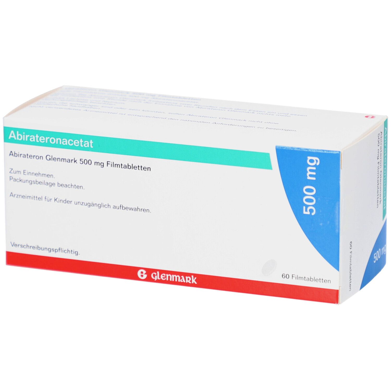 Weiße rechteckige Faltschachtel. Aufschrift: Abirateronacetat, Abirateron Glenmark 500 mg Filmtabletten. Text in Deutsch.