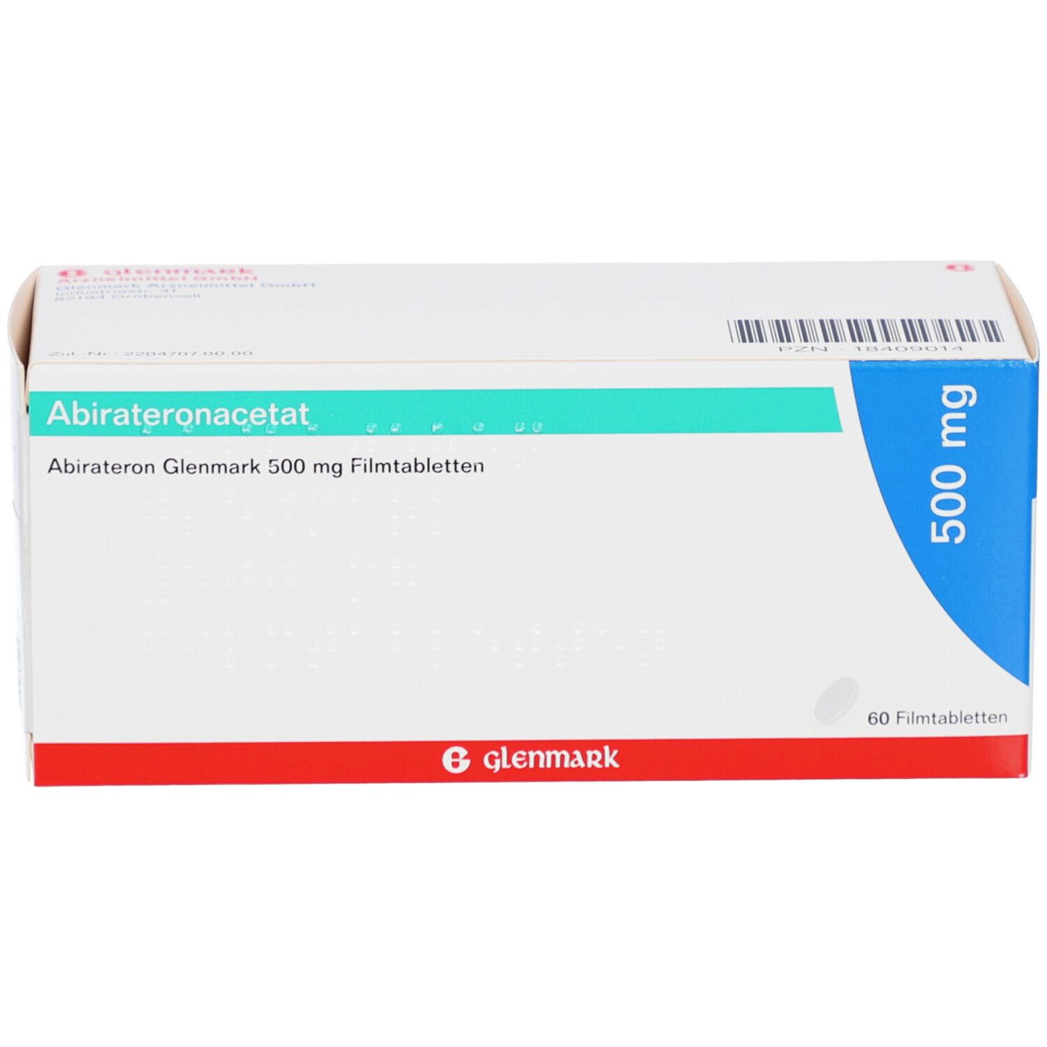 Weiße rechteckige Faltschachtel. Aufschrift: Abirateronacetat, Abirateron Glenmark 500 mg Filmtabletten. 60 Filmtabletten.