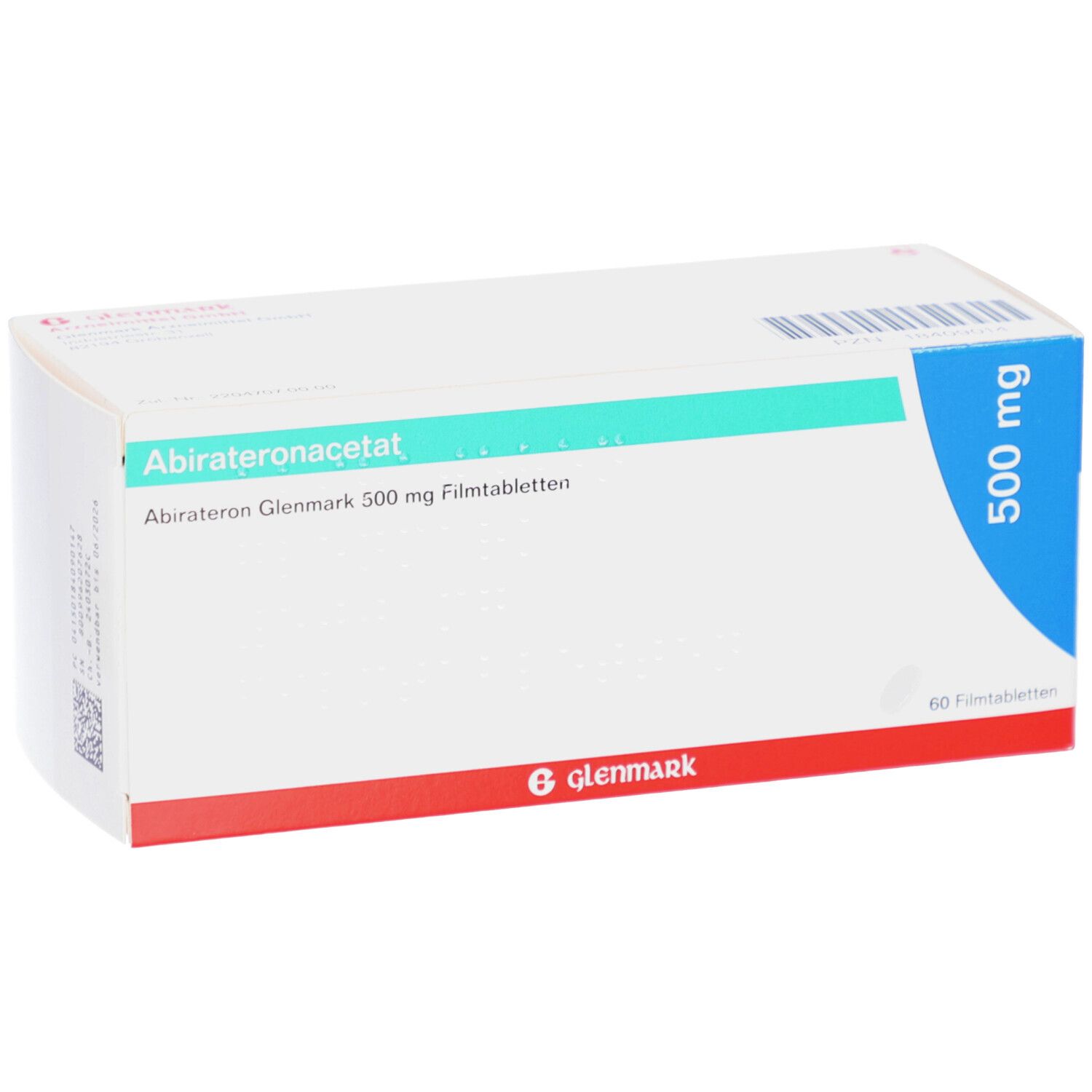 Weiße rechteckige Faltschachtel. Aufschrift: Abirateronacetat, Abirateron Glenmark 500 mg Filmtabletten. 60 Filmtabletten.