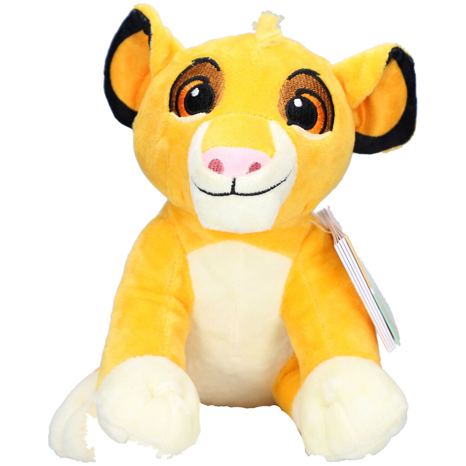 Gelbes Plüschtier Simba mit schwarzem Ohr, rosa Nase und Disney-Etikett.