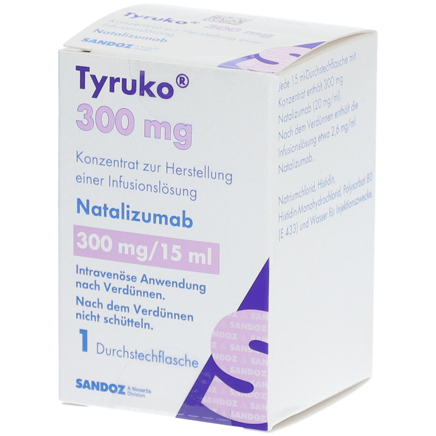 Karton von TYRUKO 300 mg. Aufschrift: Konzentrat zur Herstellung einer Infusionslösung. Enthält Natalizumab. 300 mg/15 ml. 1 Durchstechflasche.