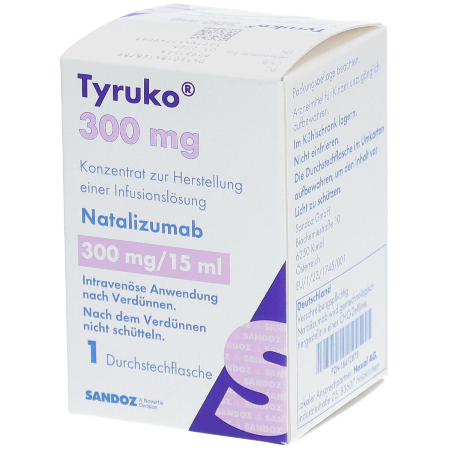 Karton von TYRUKO 300 mg. Aufschrift: Konzentrat zur Herstellung einer Infusionslösung. Enthält Natalizumab. 300 mg/15 ml. 1 Durchstechflasche. Sandoz.