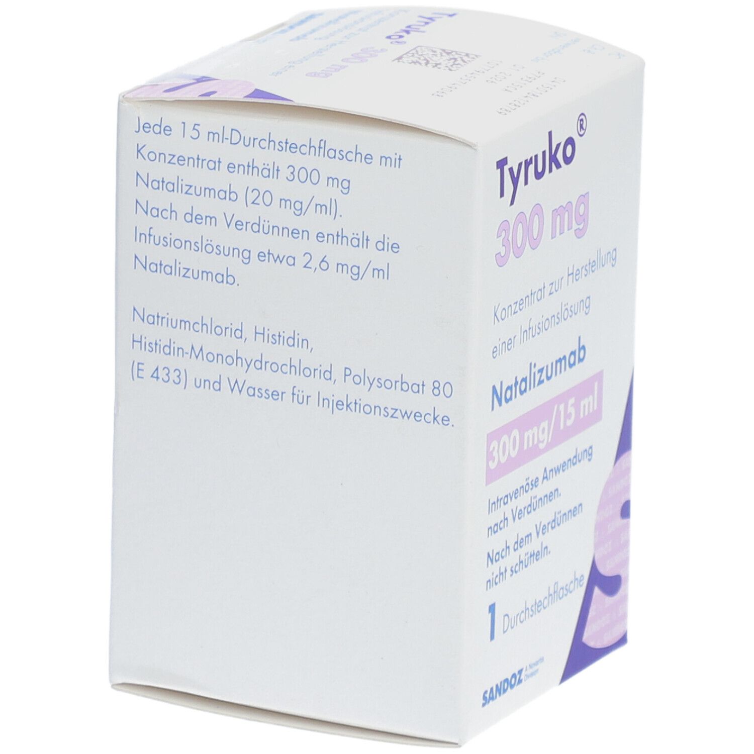 Karton von TYRUKO 300 mg. Aufschrift: Konzentrat zur Herstellung einer Infusionslösung. Enthält Natalizumab. 300 mg/15 ml. 1 Durchstechflasche. Sandoz.