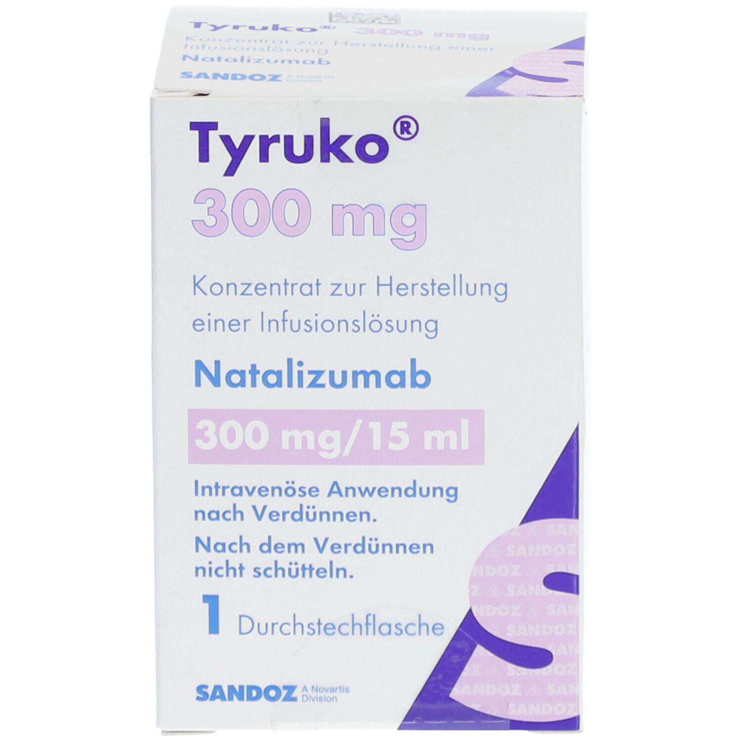 Karton von TYRUKO 300 mg. Aufschrift: Konzentrat zur Herstellung einer Infusionslösung. Enthält Natalizumab. 300 mg/15 ml. 1 Durchstechflasche. Sandoz.