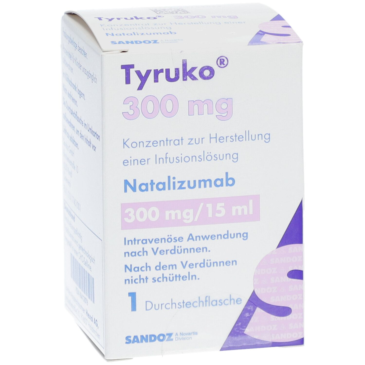 Karton von TYRUKO 300 mg. Aufschrift: Konzentrat zur Herstellung einer Infusionslösung. Enthält Natalizumab. 300 mg/15 ml. 1 Durchstechflasche. Sandoz.