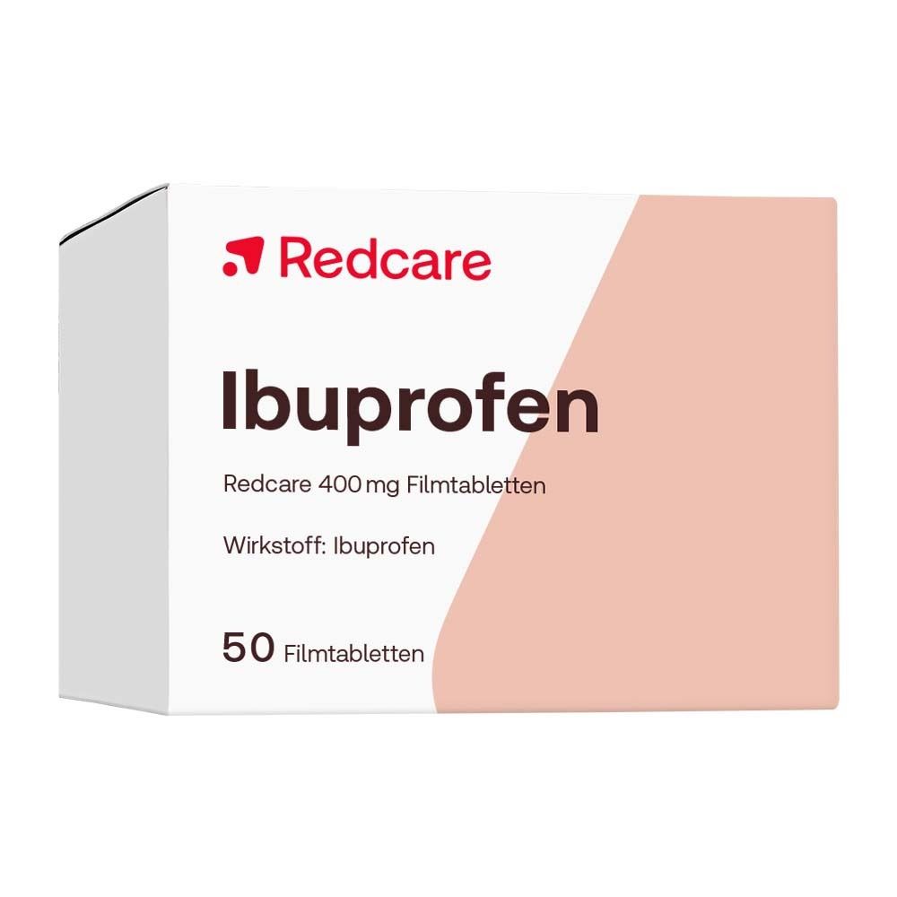 Weiße Schachtel mit rotem Redcare-Logo und der Aufschrift Ibuprofen. Enthält 50 Filmtabletten.