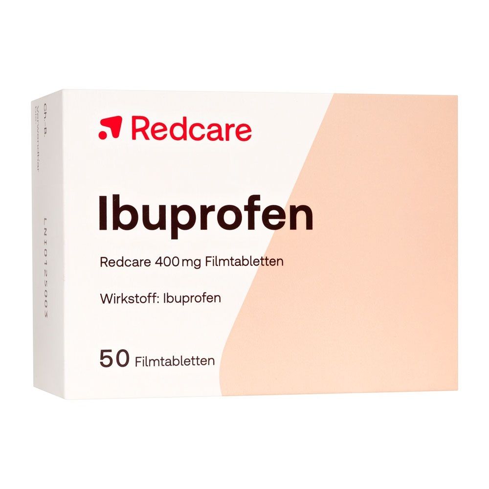 Redcare Ibuprofen 400 mg Filmtabletten Verpackung, 50 Stück, Seitenansicht.
