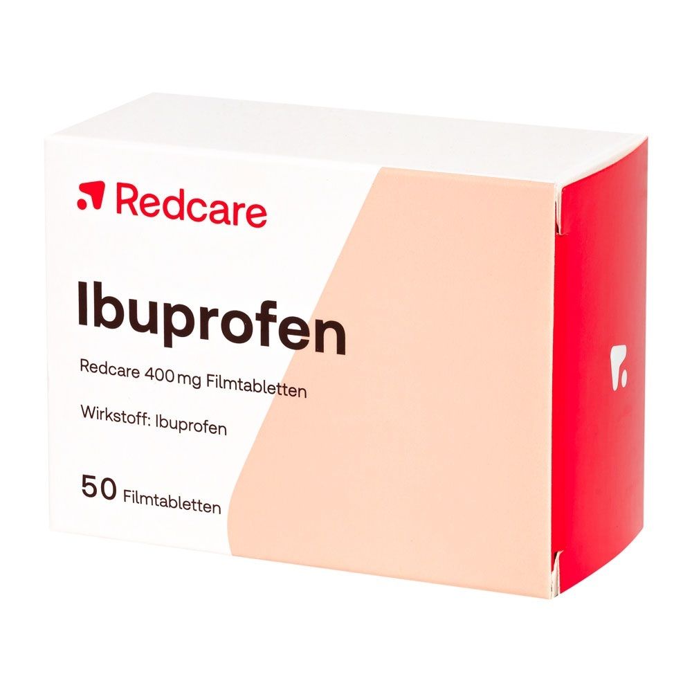 Redcare Ibuprofen 400 mg Filmtabletten Verpackung, 50 Stück, schräge Ansicht.
