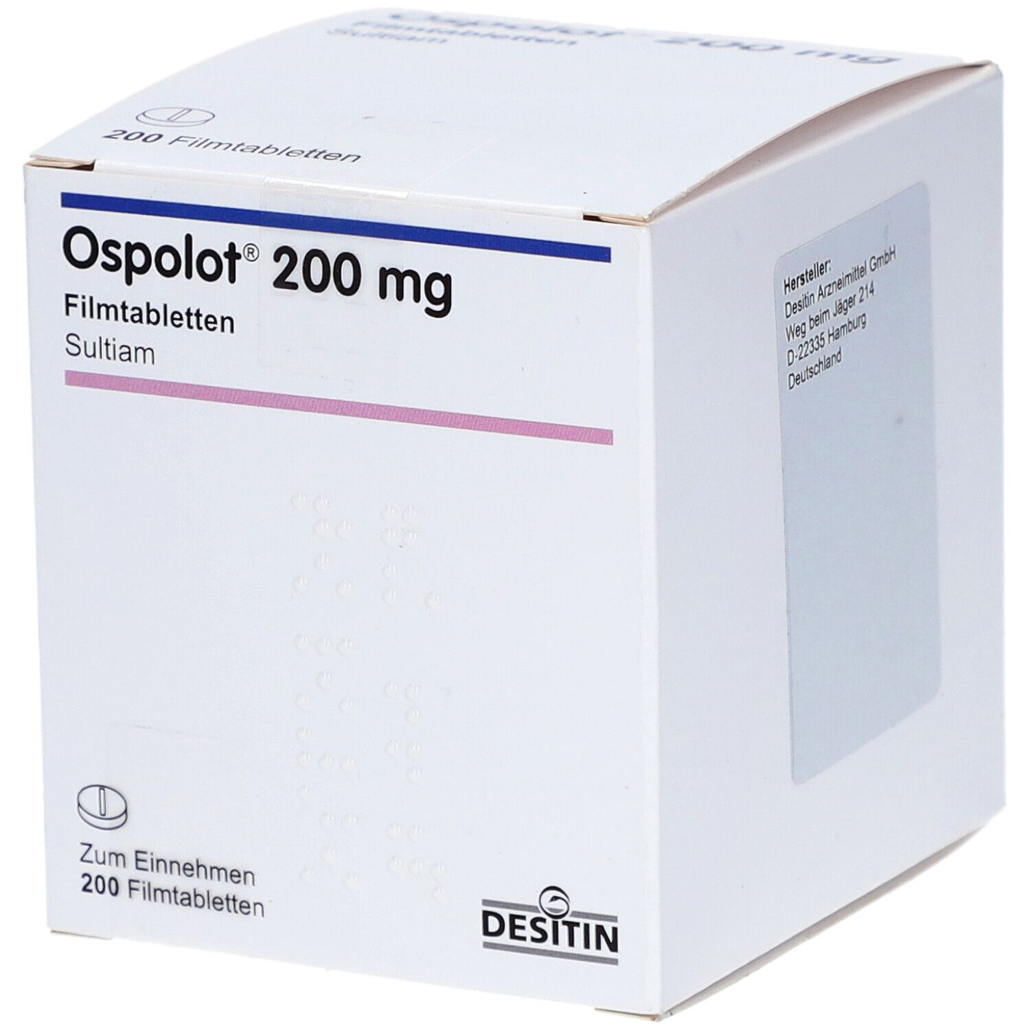 Schachtel mit OSPOLOT 200 mg Filmtabletten. Aufschrift: SULTIAM. Hersteller: DESITIN Arzneimittel GmbH.