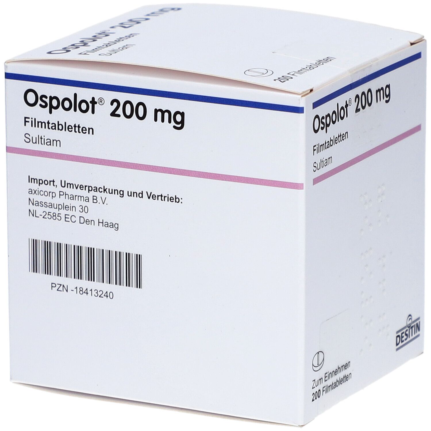 Schachtel mit OSPOLOT 200 mg Filmtabletten. Aufschrift: SULTIAM. Importeur: axicorp Pharma B.V. Barcode.
