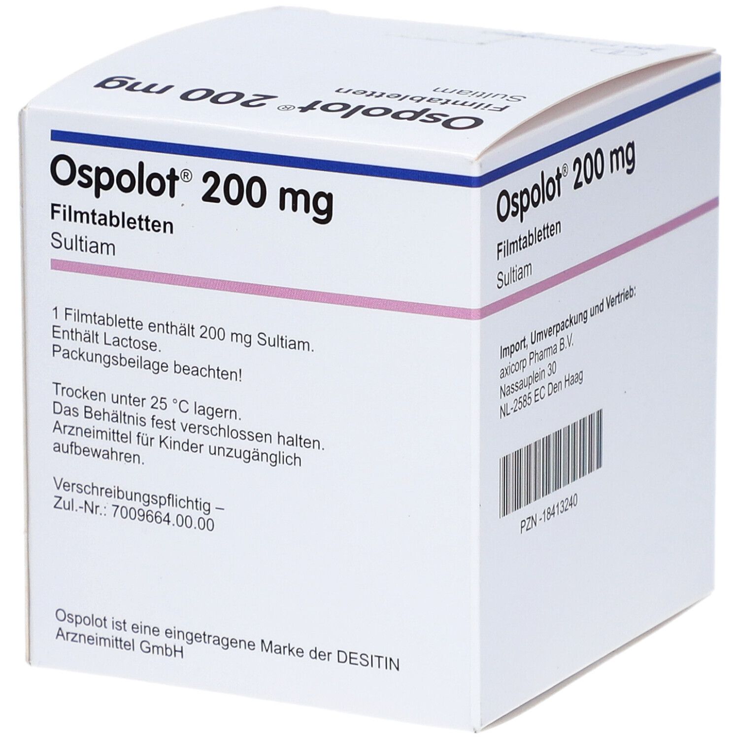 Schachtel mit OSPOLOT 200 mg Filmtabletten. Aufschrift: SULTIAM. Enthält 200 mg SULTIAM. Hersteller: DESITIN.