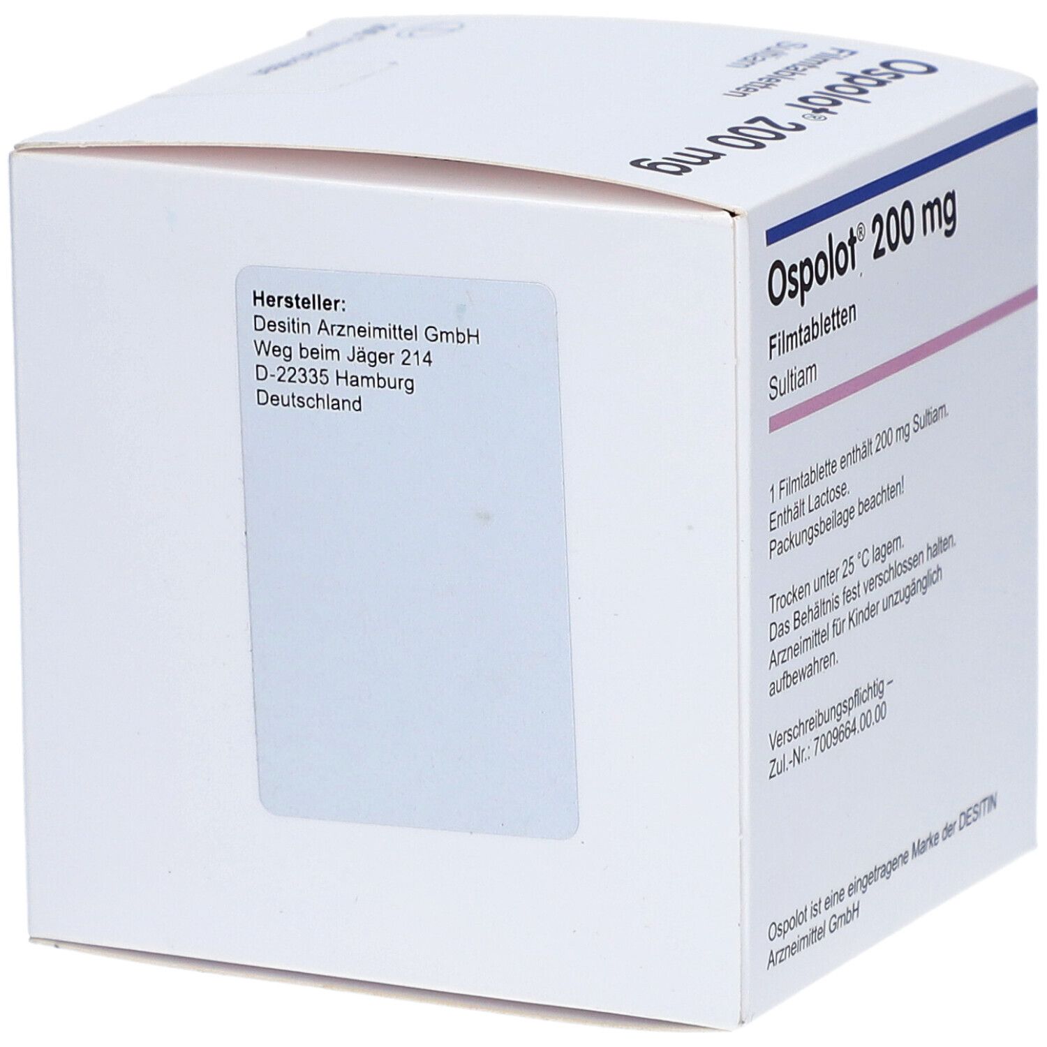 Schachtel mit OSPOLOT 200 mg Filmtabletten. Aufschrift: SULTIAM. Hersteller: DESITIN Arzneimittel GmbH.