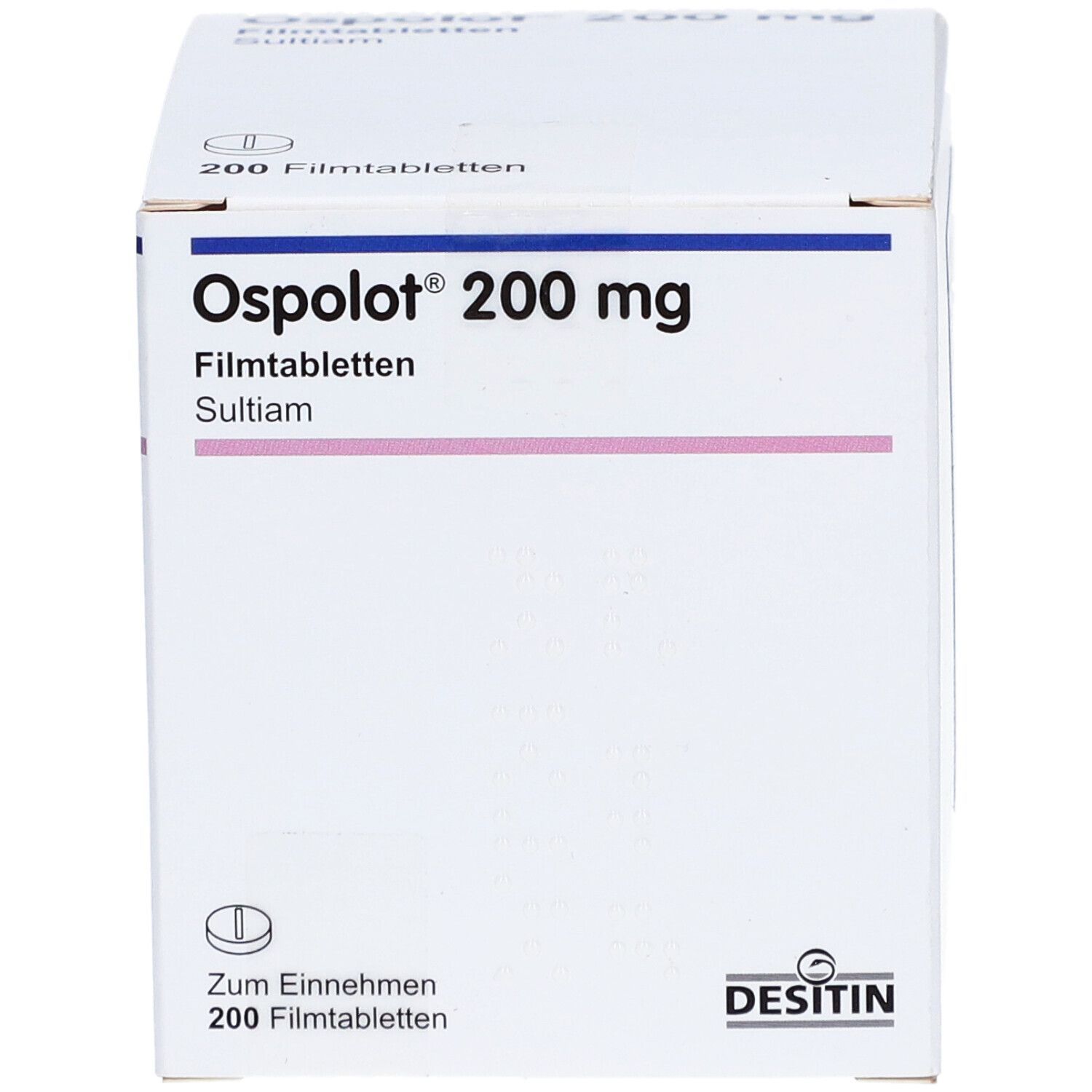 Schachtel mit OSPOLOT 200 mg Filmtabletten. Aufschrift: SULTIAM. Hersteller: DESITIN. 200 Filmtabletten.