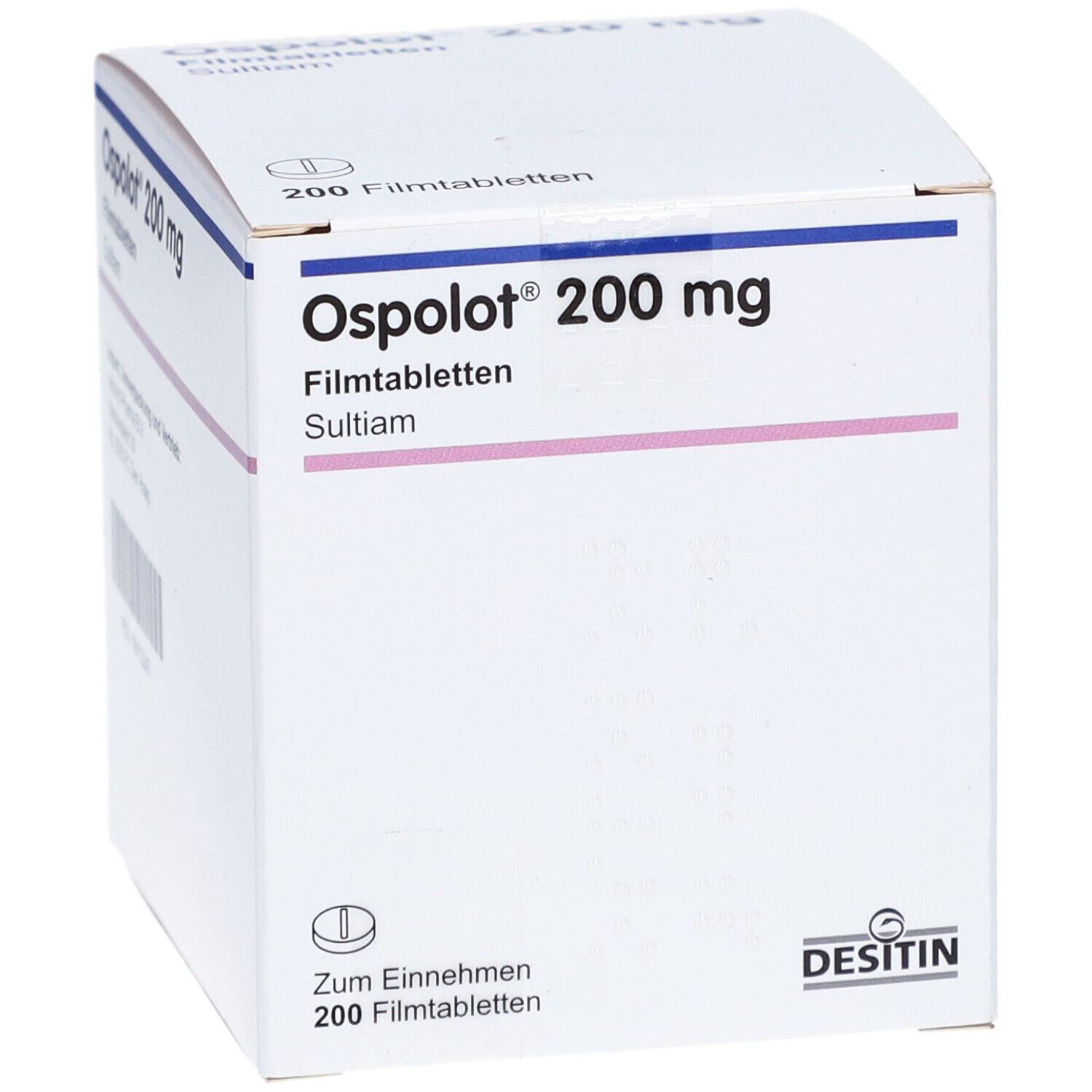 Schachtel mit OSPOLOT 200 mg Filmtabletten. Aufschrift: SULTIAM. Hersteller: DESITIN. 200 Filmtabletten.