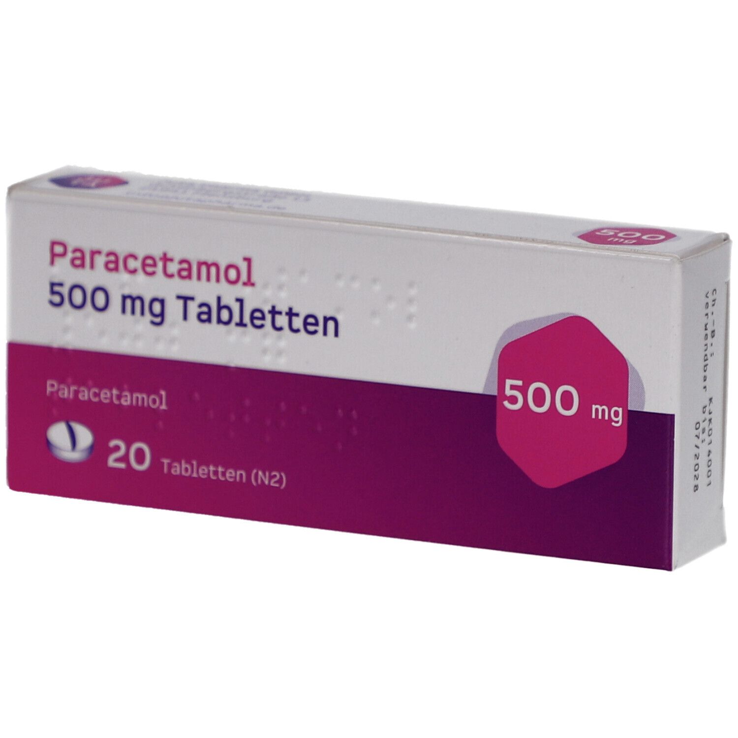 Schachtel mit Paracetamol 500 mg Tabletten. Weiß, lila und rosa Farbkombination. 20 Tabletten.