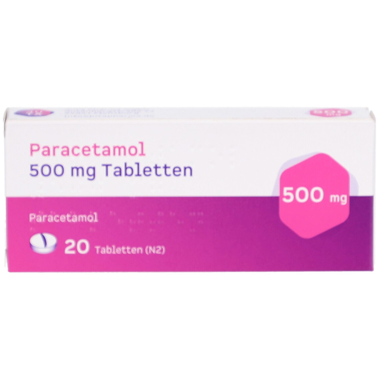 Schachtel mit Paracetamol 500 mg Tabletten. Weiß, lila und rosa Farbkombination. 20 Tabletten.