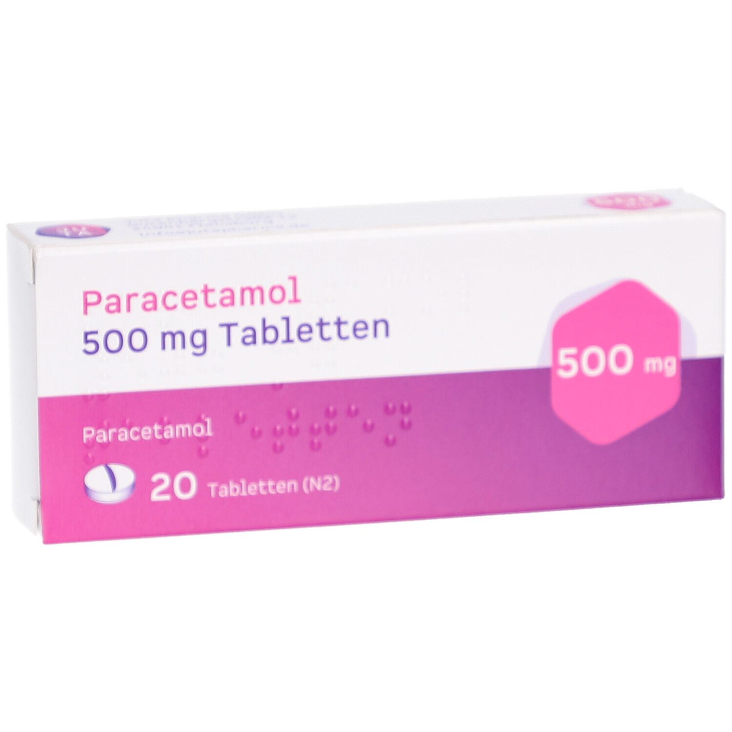Schachtel mit Paracetamol 500 mg Tabletten. Weiß, lila und rosa Farbkombination. 20 Tabletten.