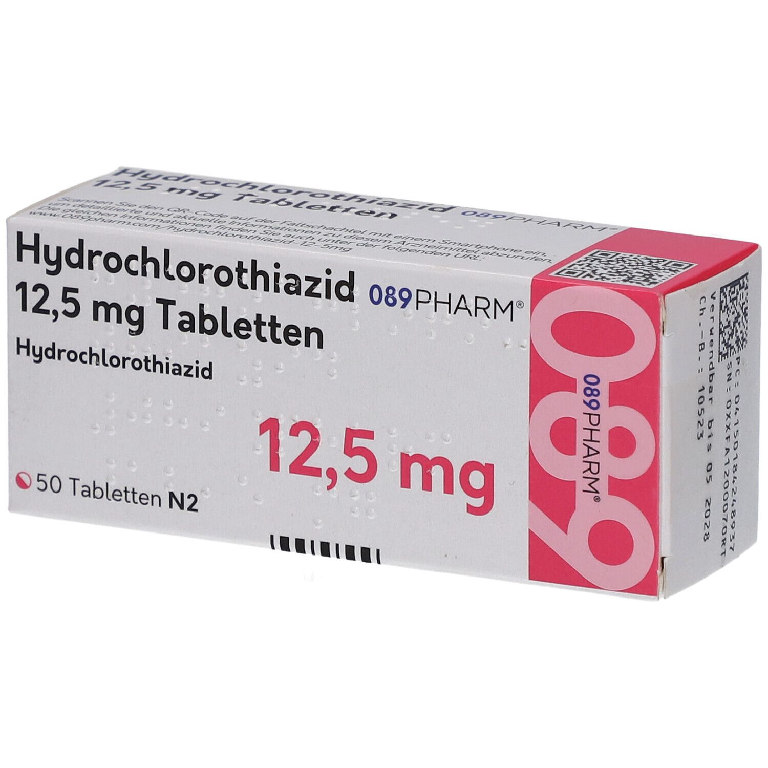 Schachtel mit Tabletten. Aufschrift: Hydrochlorothiazid 12,5 mg Tabletten. Marke: 089PHARM. Packungsinhalt: 50 Tabletten.