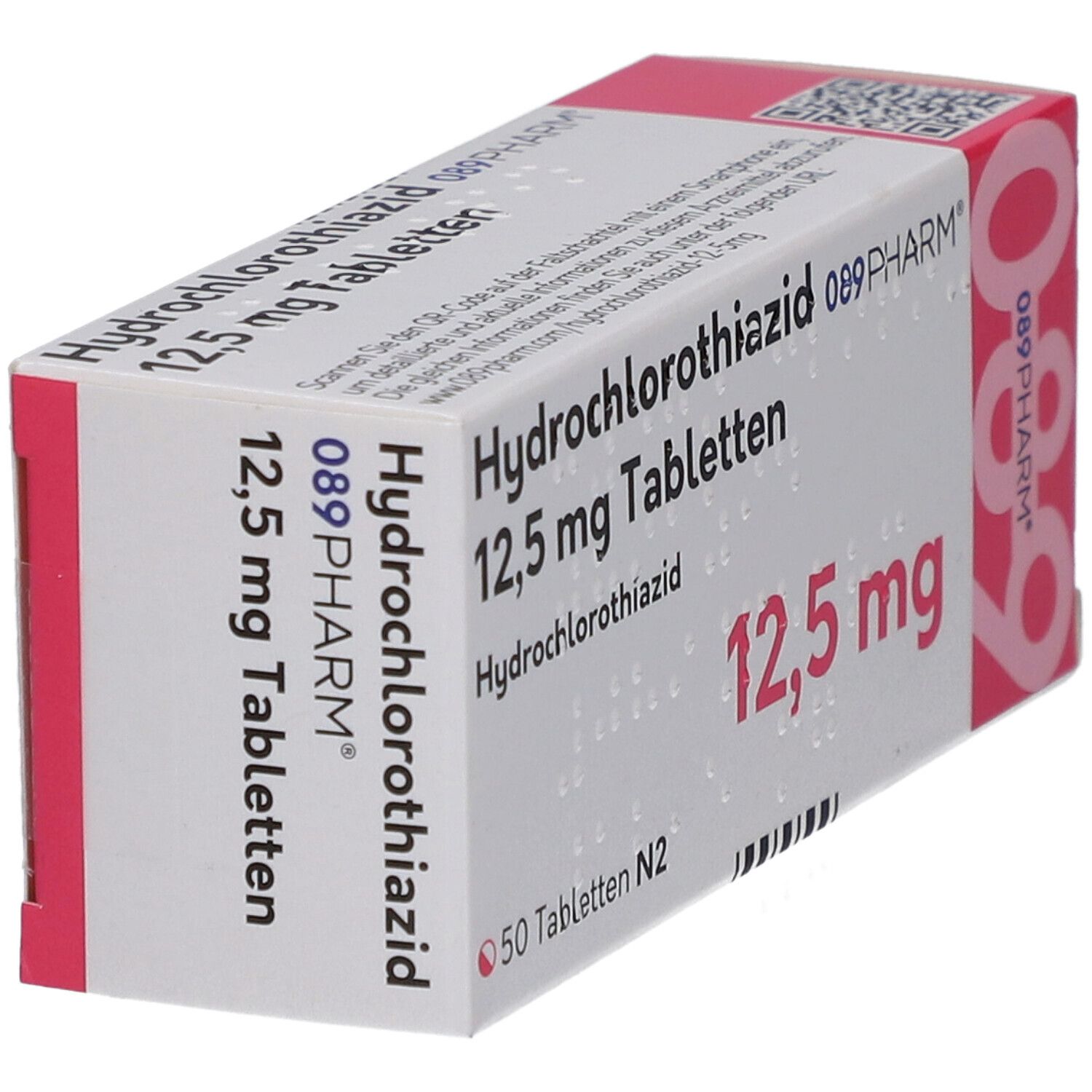 Schachtel mit Tabletten, schräg. Aufschrift: Hydrochlorothiazid 12,5 mg Tabletten. Marke: 089PHARM. Packungsinhalt: 50 Tabletten.