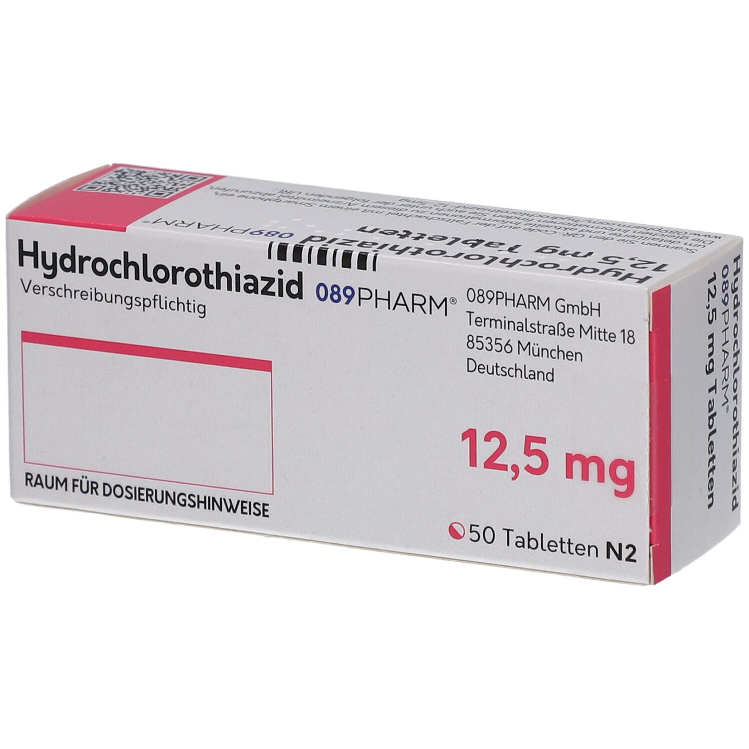 Tablettenschachtel. Aufschrift: Hydrochlorothiazid 12,5 mg Tabletten. Marke: 089PHARM. Packungsinhalt: 50 Tabletten. Mit QR-Code.