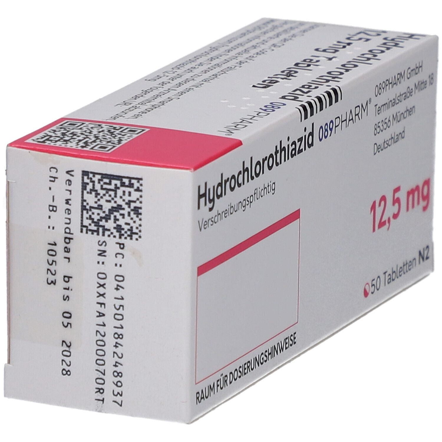 Tablettenschachtel, schräg. Aufschrift: Hydrochlorothiazid 12,5 mg Tabletten. Marke: 089PHARM. Packungsinhalt: 50 Tabletten. Mit QR-Code.