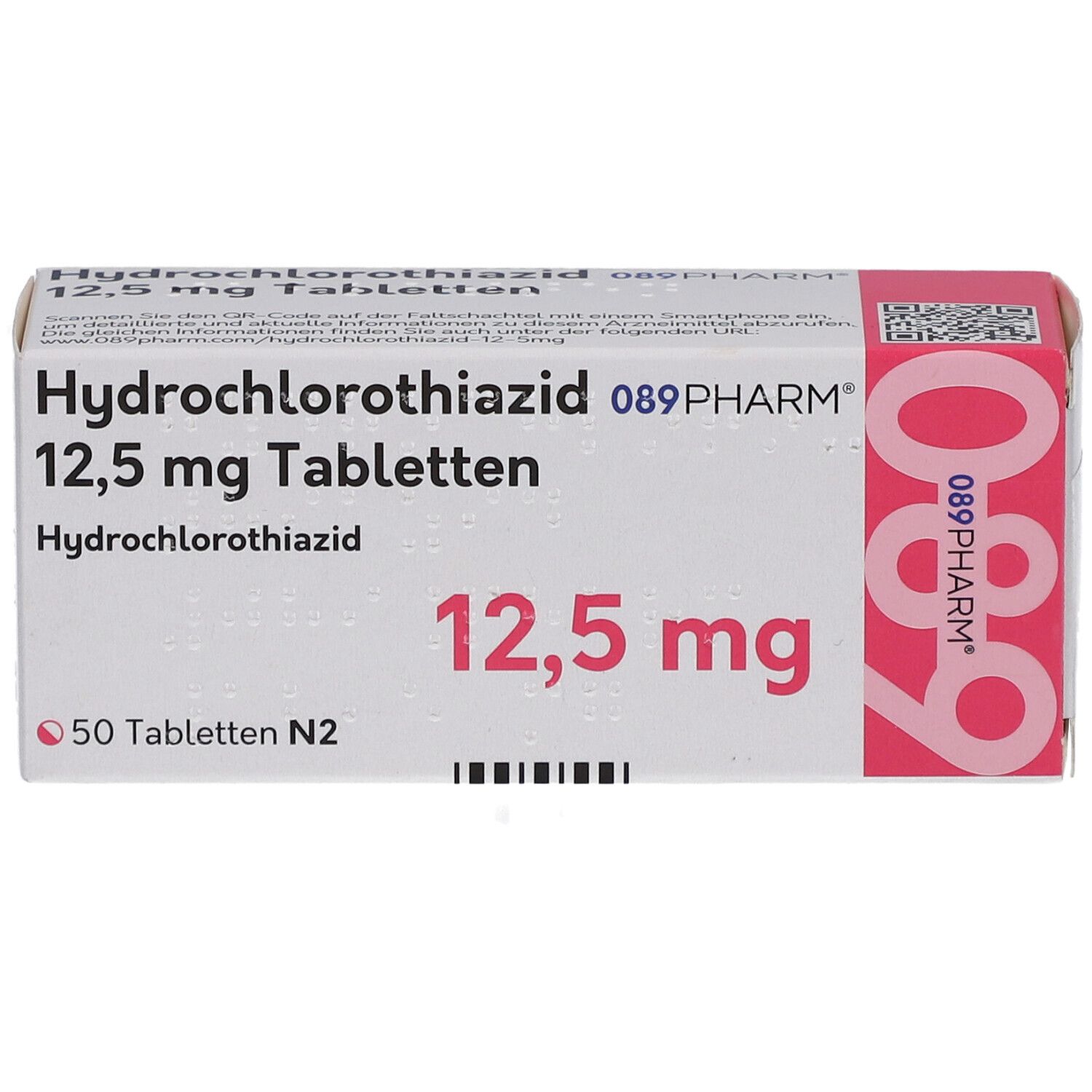 Tablettenschachtel. Aufschrift: Hydrochlorothiazid 12,5 mg Tabletten. Marke: 089PHARM. Packungsinhalt: 50 Tabletten.