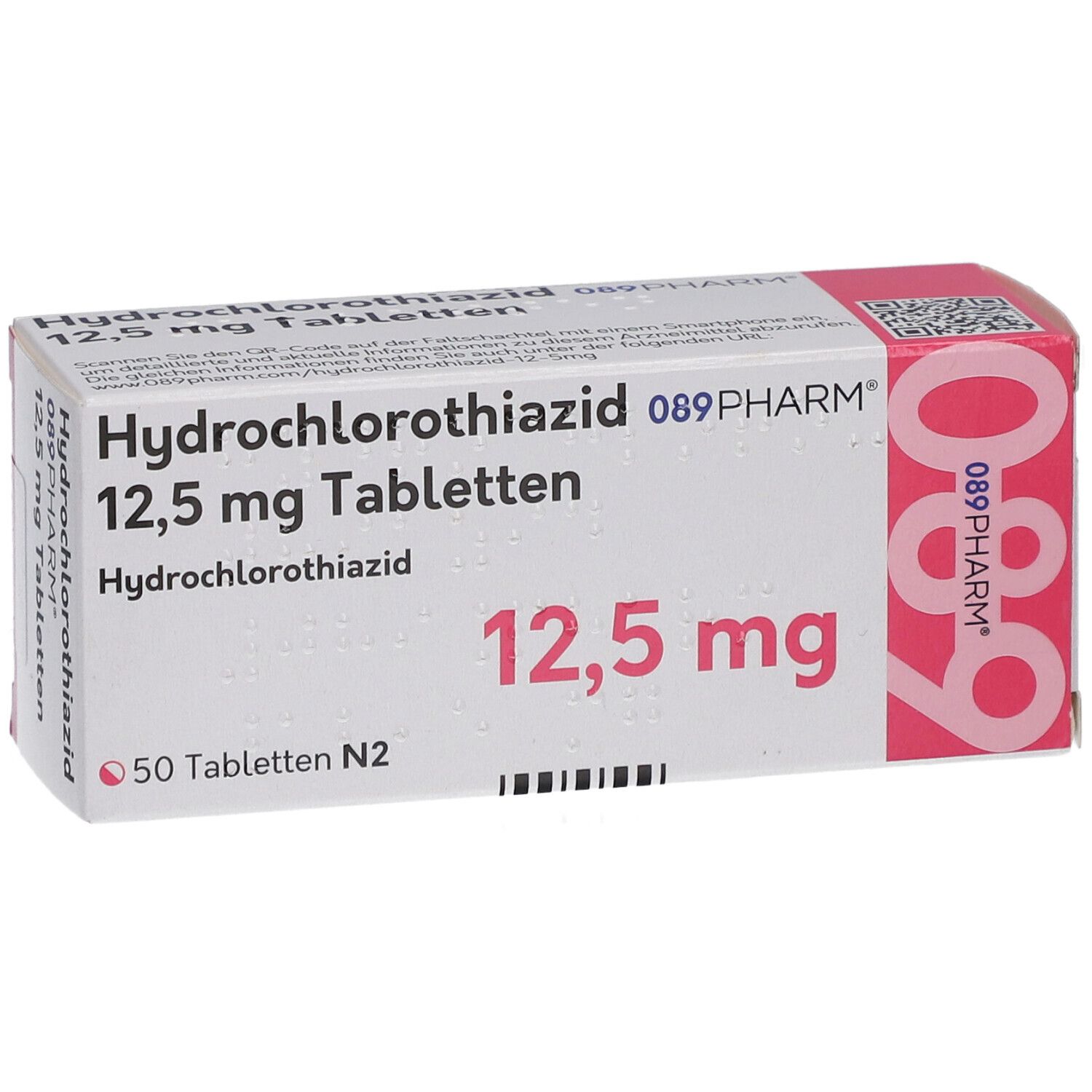 Tablettenschachtel. Aufschrift: Hydrochlorothiazid 12,5 mg Tabletten. Marke: 089PHARM. Packungsinhalt: 50 Tabletten.