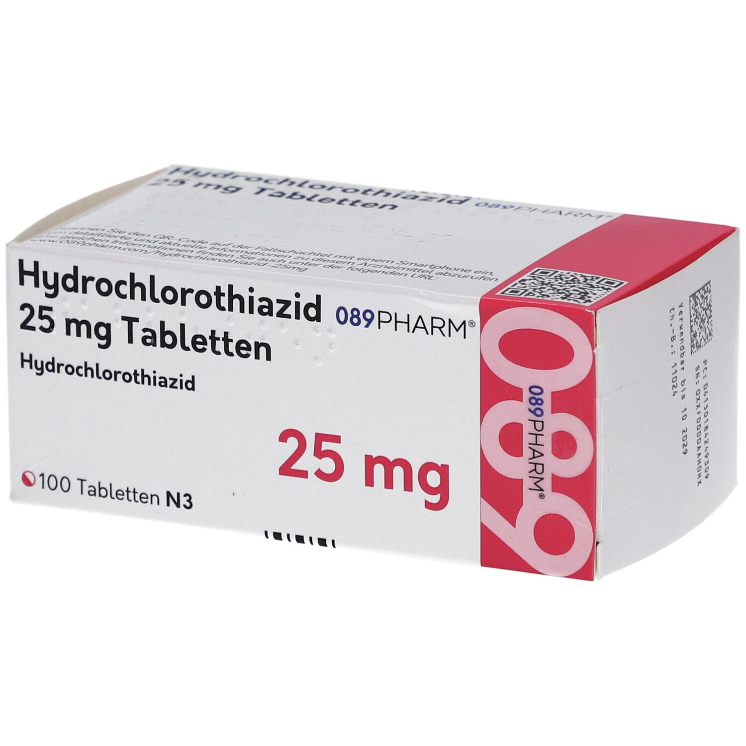 Schachtel mit Tabletten. Aufschrift: Hydrochlorothiazid 25 mg Tabletten. 089PHARM. 100 Tabletten N3.