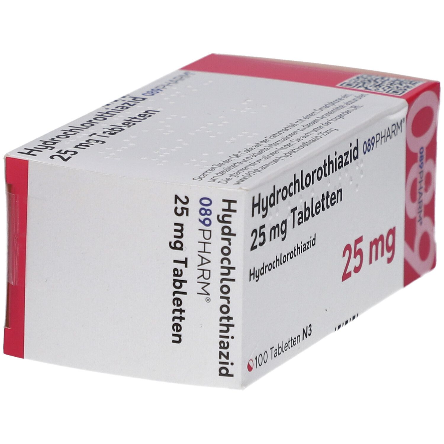 Schachtel mit Tabletten. Aufschrift: Hydrochlorothiazid 25 mg Tabletten. 089PHARM. 100 Tabletten N3.