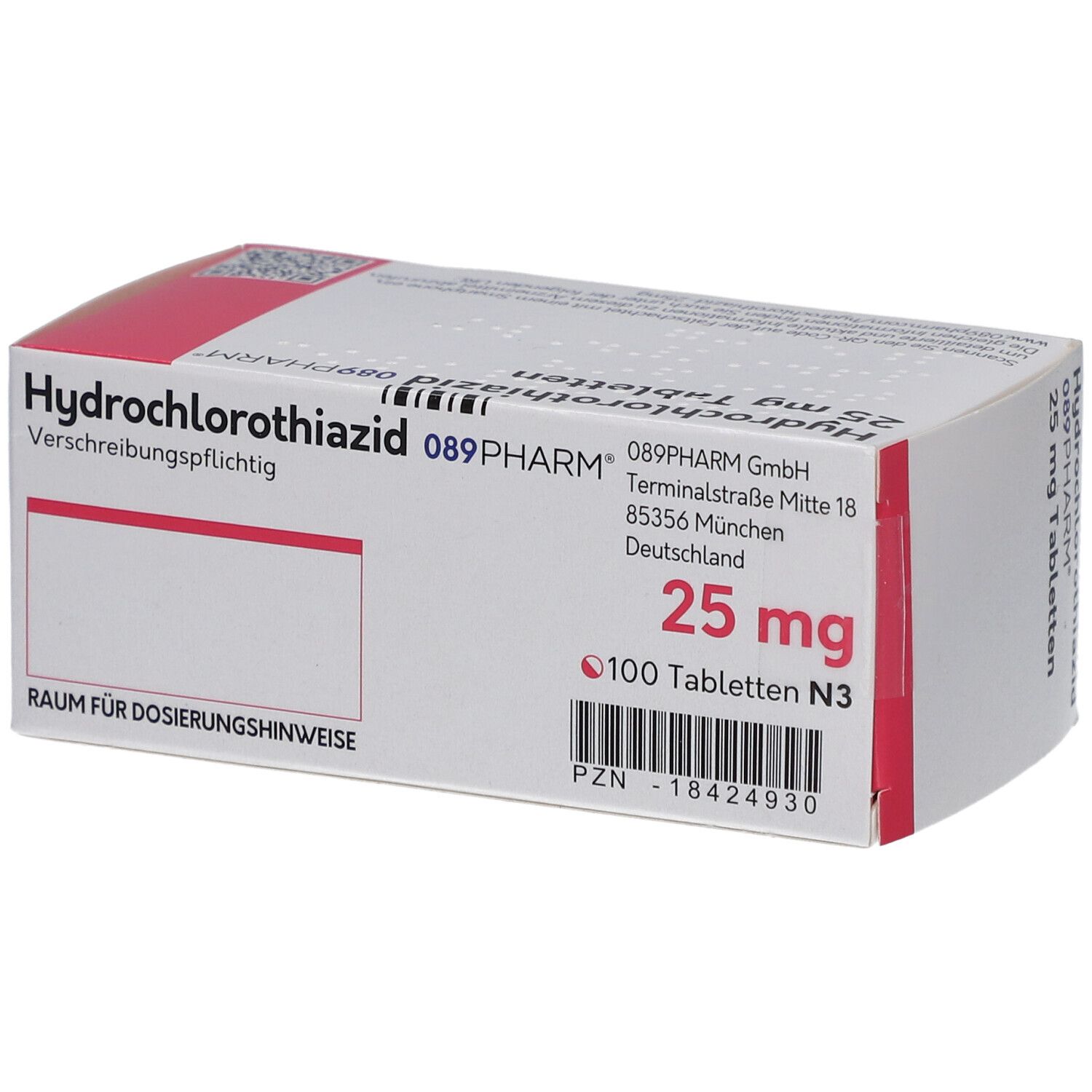 Schachtel mit Tabletten. Aufschrift: Hydrochlorothiazid 25 mg Tabletten. 089PHARM. 100 Tabletten N3.