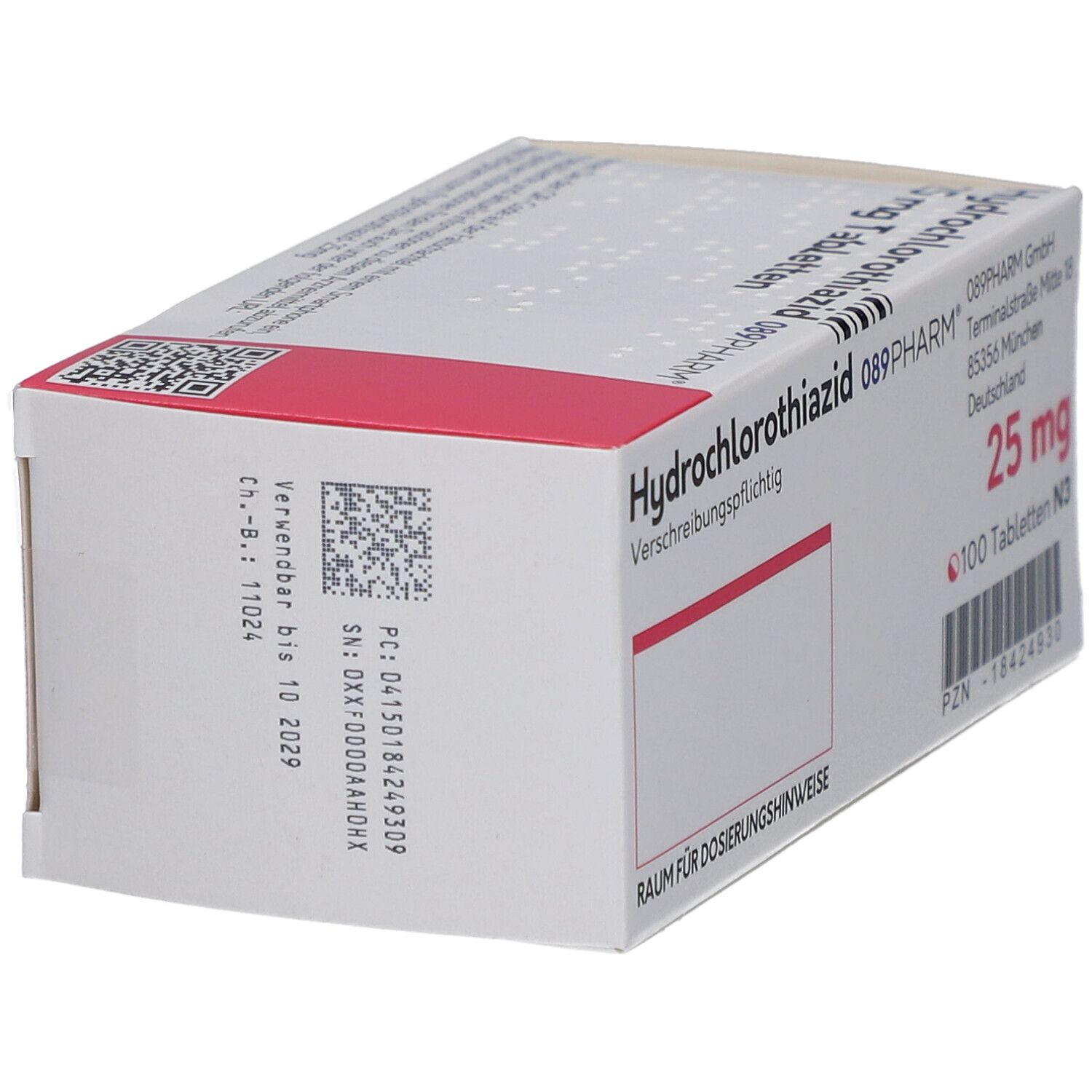 Schachtel mit Tabletten. Aufschrift: Hydrochlorothiazid 25 mg Tabletten. 089PHARM. 100 Tabletten N3.