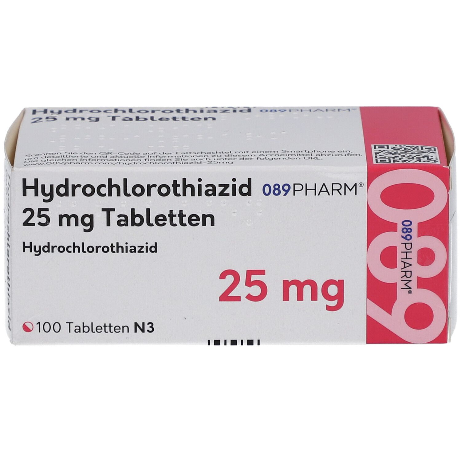 Schachtel mit Tabletten. Aufschrift: Hydrochlorothiazid 25 mg Tabletten. 089PHARM. 100 Tabletten N3.