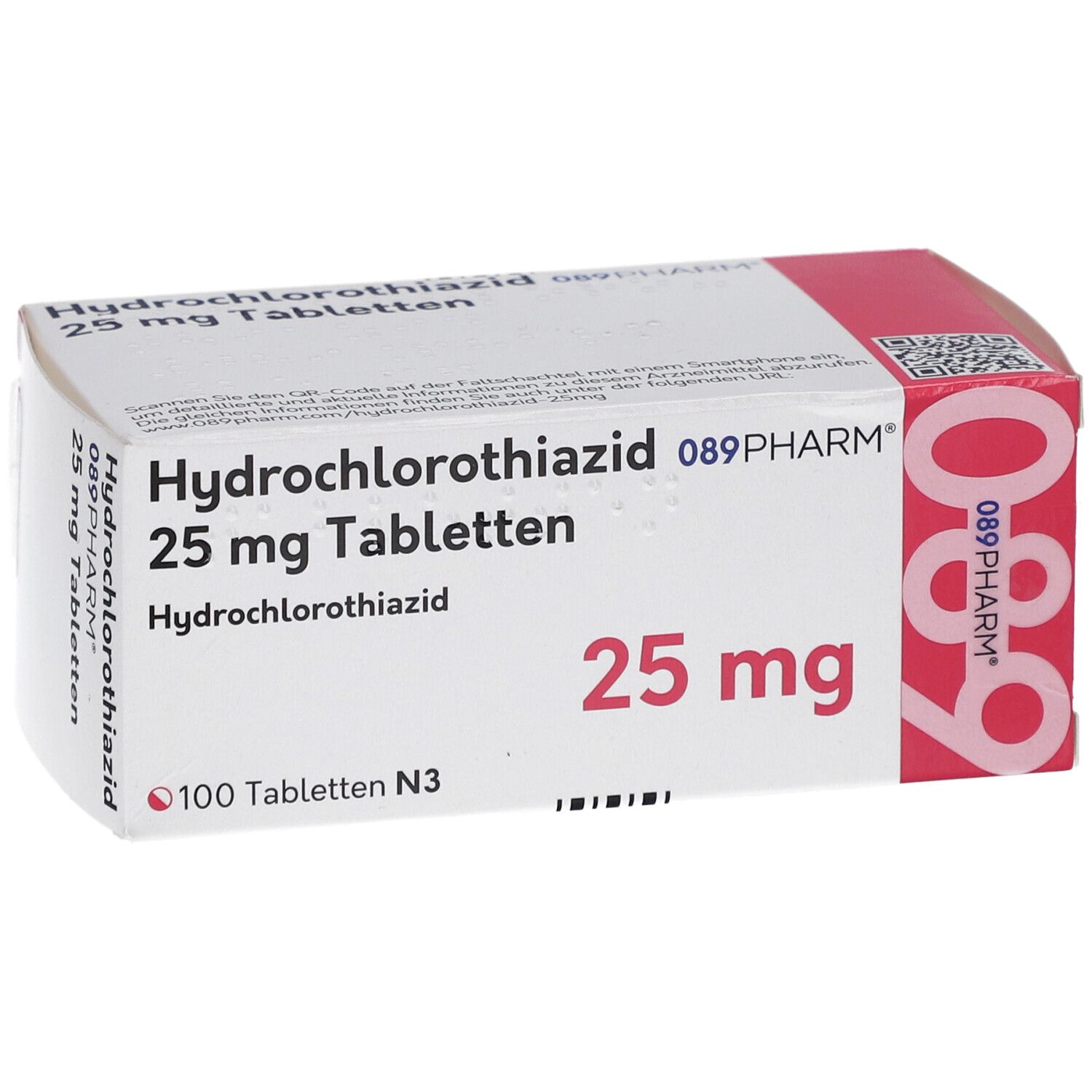 Schachtel mit Tabletten. Aufschrift: Hydrochlorothiazid 25 mg Tabletten. 089PHARM. 100 Tabletten N3.