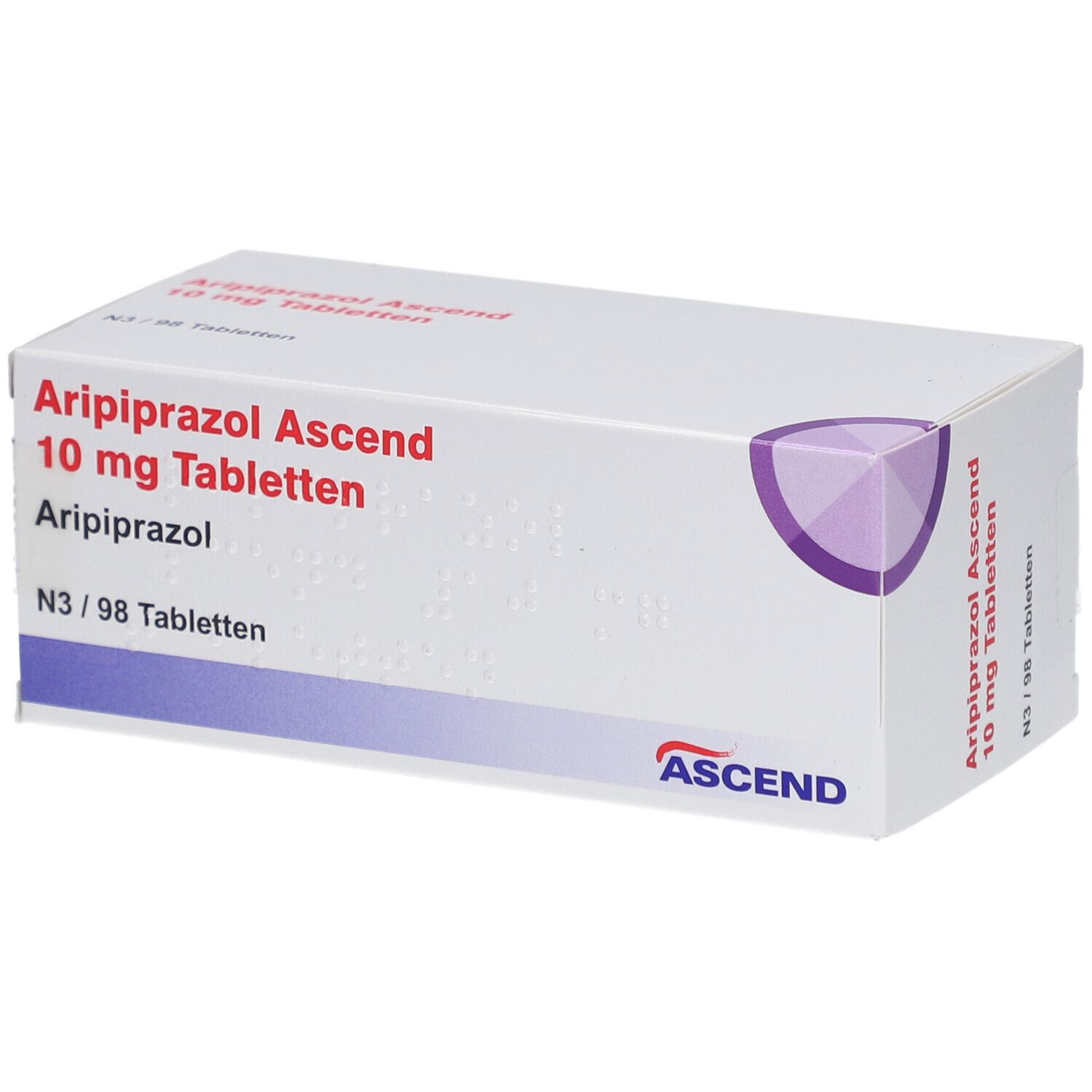 Weiße Tablettenbox mit Aufschrift 'Aripiprazol Ascend 10 mg Tabletten'. Packung enthält 98 Tabletten. Marke: Ascend.
