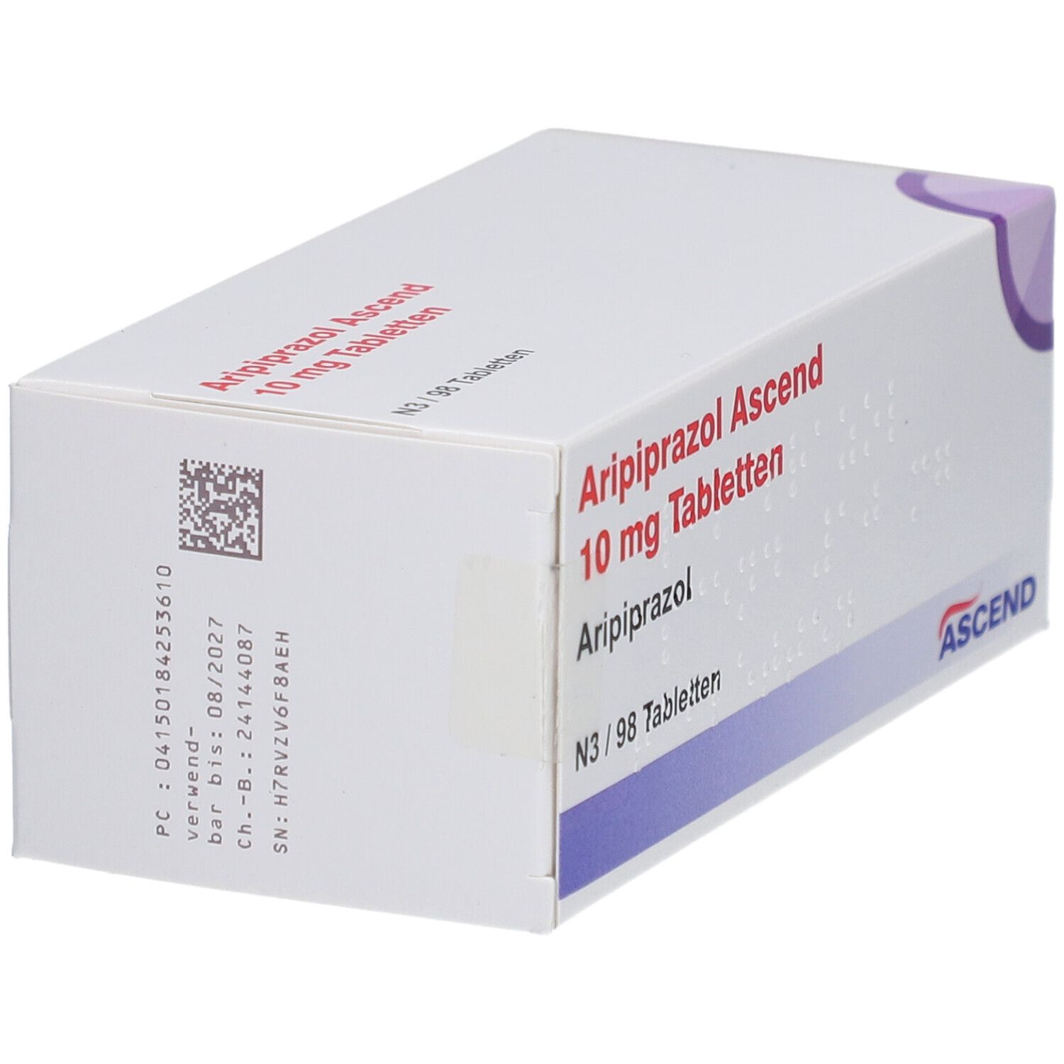 Tablettenbox mit 'Aripiprazol Ascend 10 mg Tabletten'. Rückseite mit Informationen und Barcode. Marke: Ascend.
