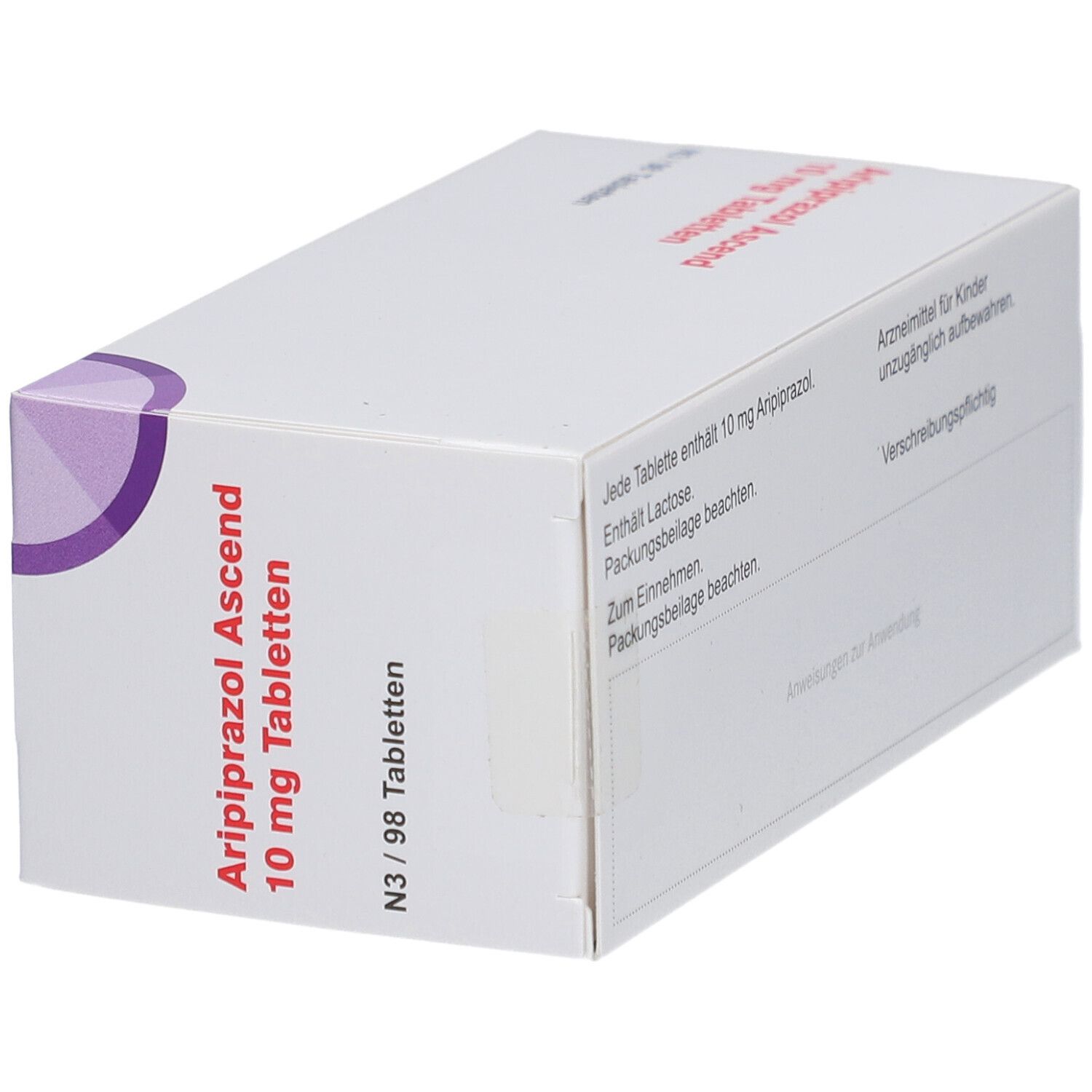 Tablettenbox mit 'Aripiprazol Ascend 10 mg Tabletten'. Enthält 98 Tabletten. Marke: Ascend.