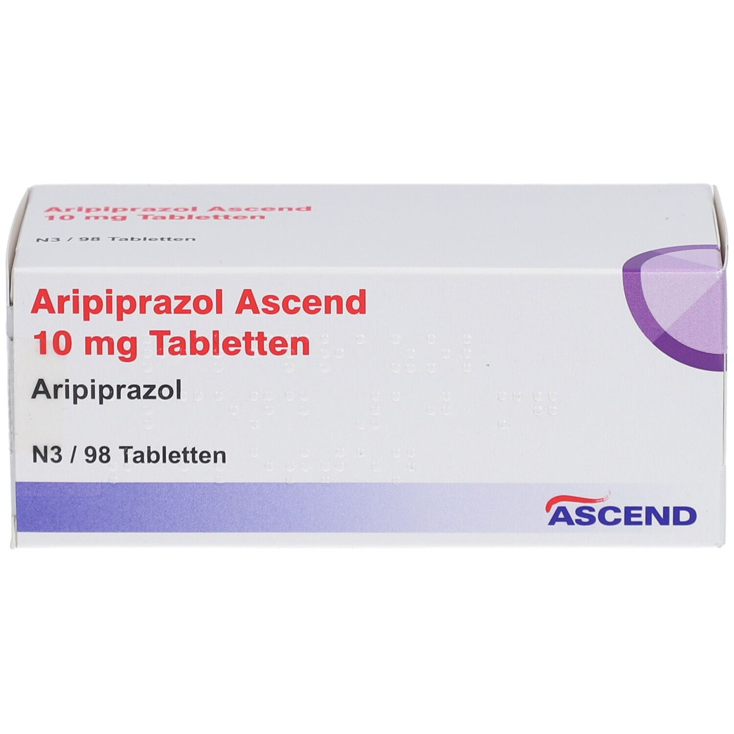 Weiße Tablettenbox mit 'Aripiprazol Ascend 10 mg Tabletten'. Packung mit 98 Tabletten. Marke: Ascend.
