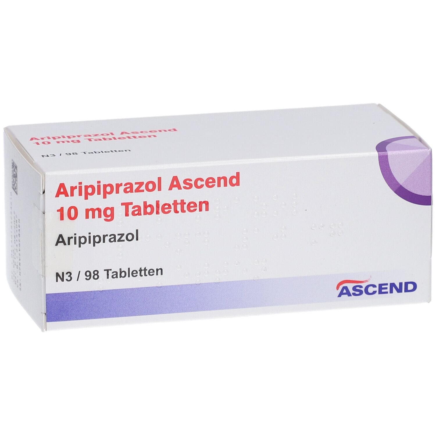 Weiße Tablettenbox mit 'Aripiprazol Ascend 10 mg Tabletten'. Packung mit 98 Tabletten. Marke: Ascend.