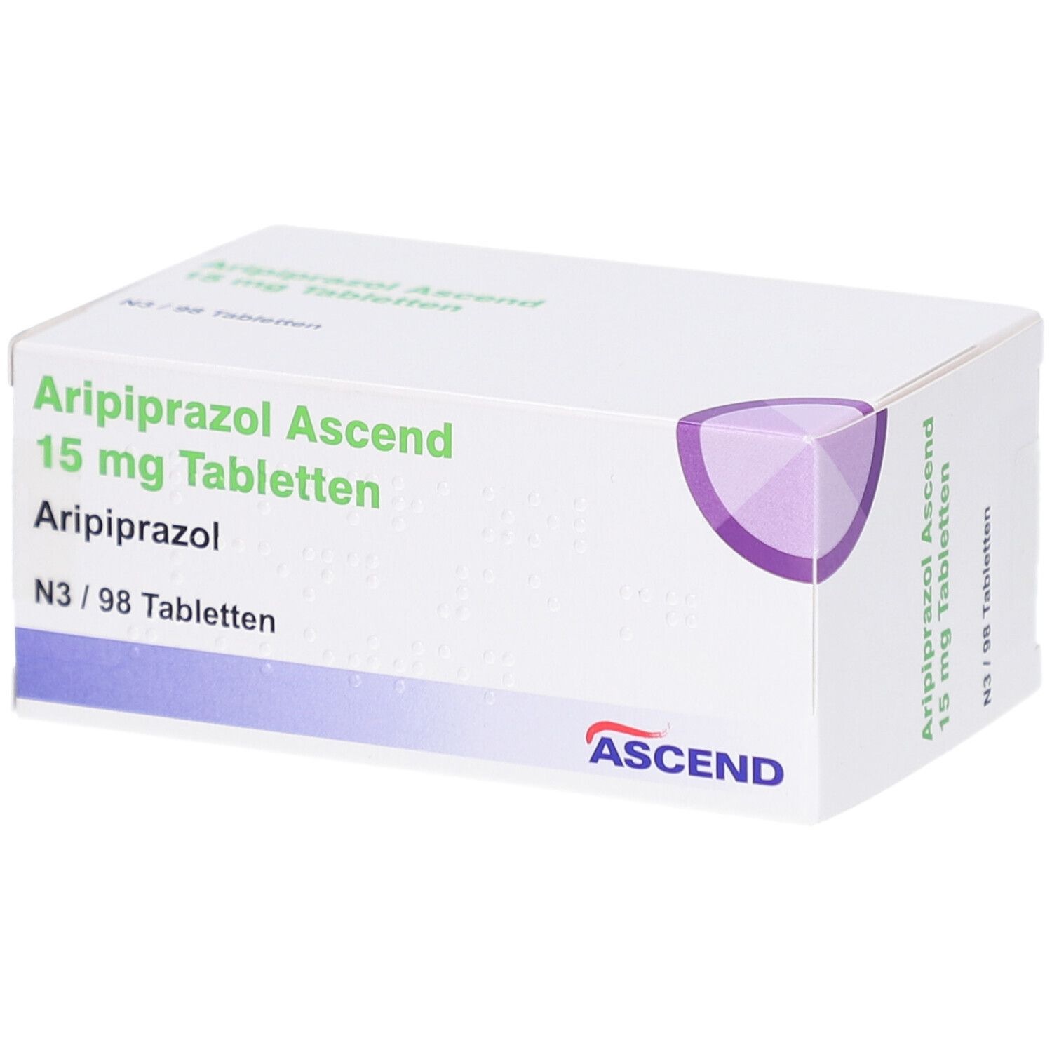 Packung Aripiprazol Ascend 15 mg Tabletten, N3 / 98 Tabletten.