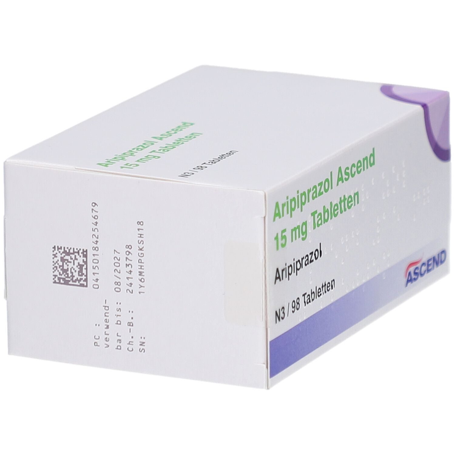 Weiße Arzneimittelverpackung. Aufschrift: Aripiprazol Ascend 15 mg Tabletten. ASCEND-Logo. Weitere Angaben in Deutsch.