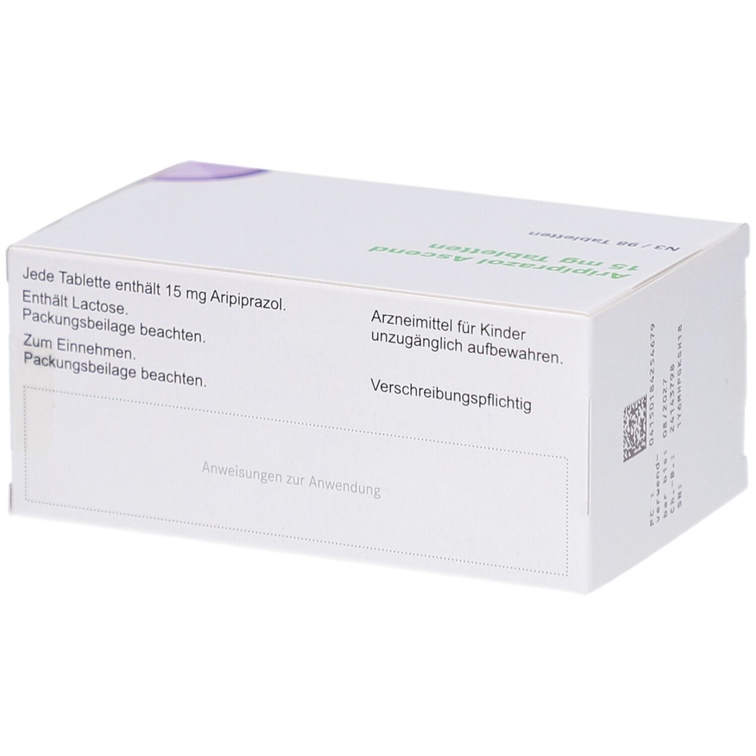 Weiße Arzneimittelverpackung. Text: Jede Tablette enthält 15 mg Aripiprazol. Hinweise zur Anwendung. Rezeptpflichtig.